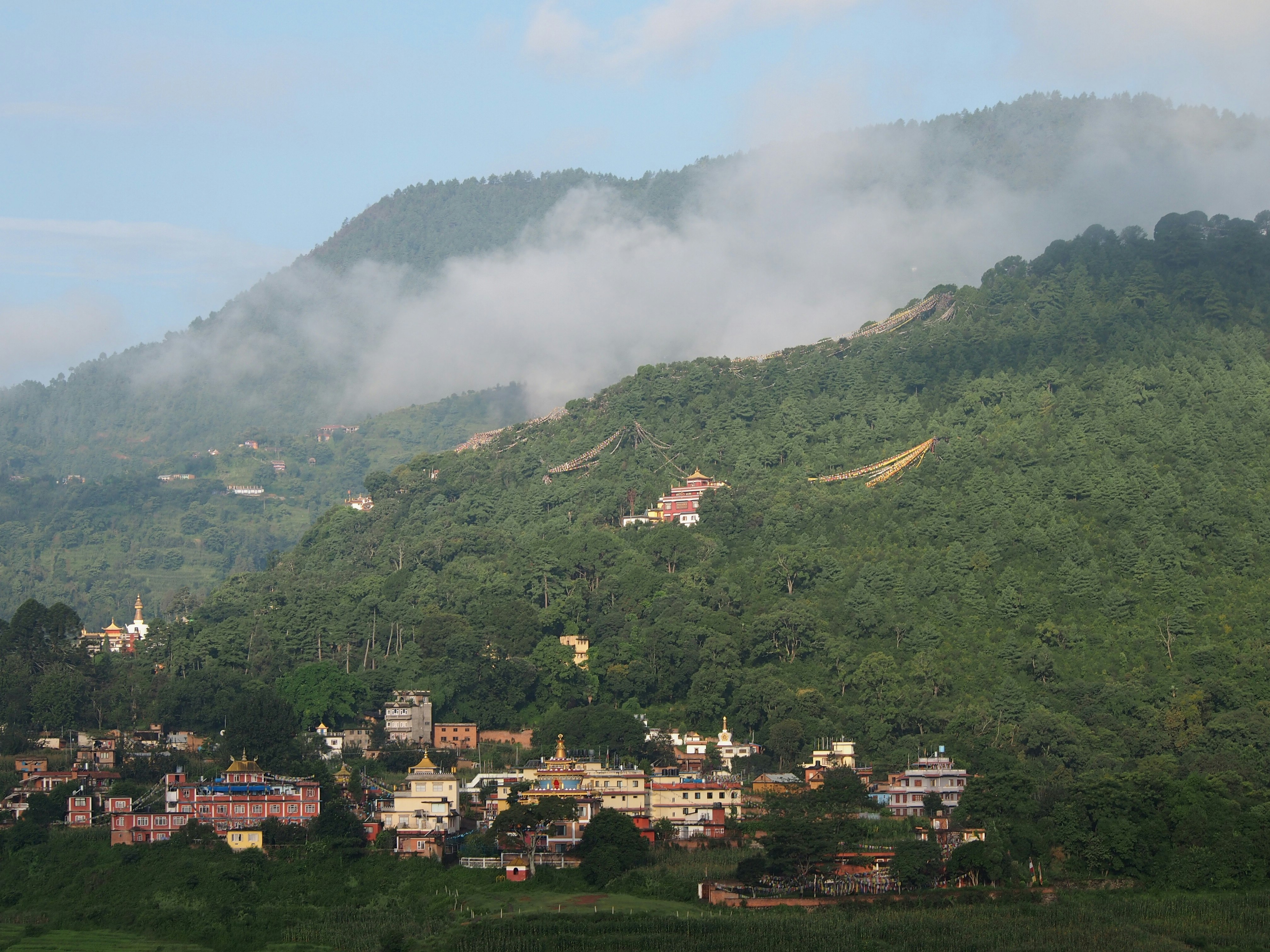 The small town of Pharping, deep in a Nepalese valley. Lush green trees surround a small cluster of buildings