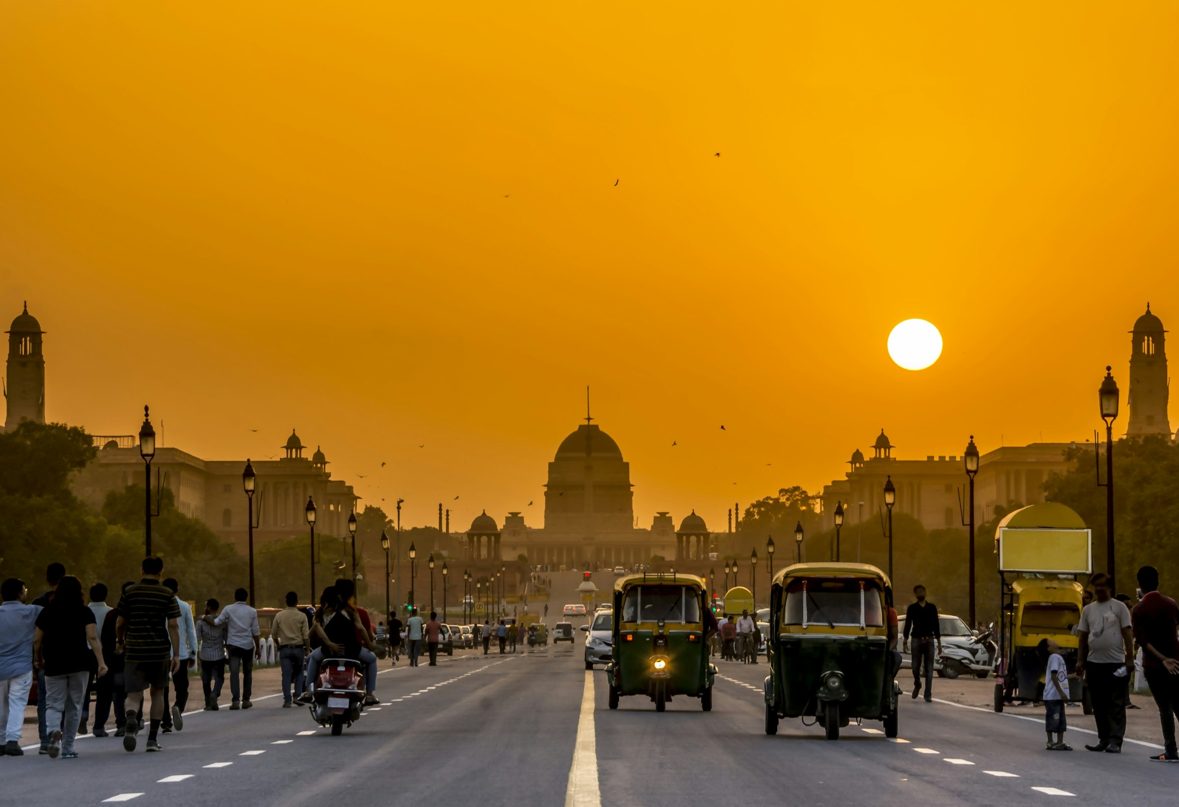 Sunset behind the Presidential Residence (Rashtrapati Bhavan). New Delhi, India