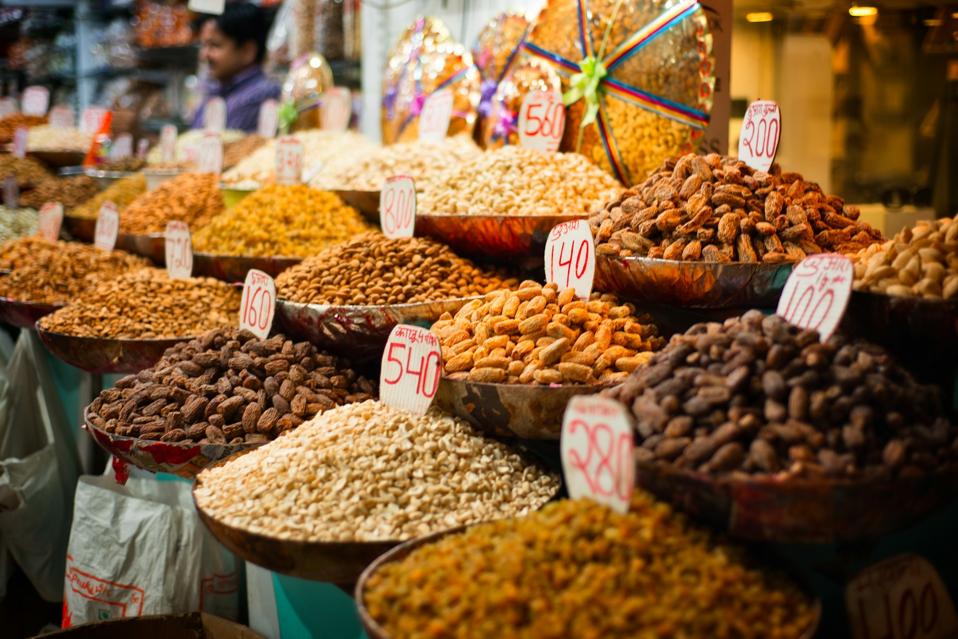 Dried fruit and nuts on display at Chandni Chowk market in Old Delhi.