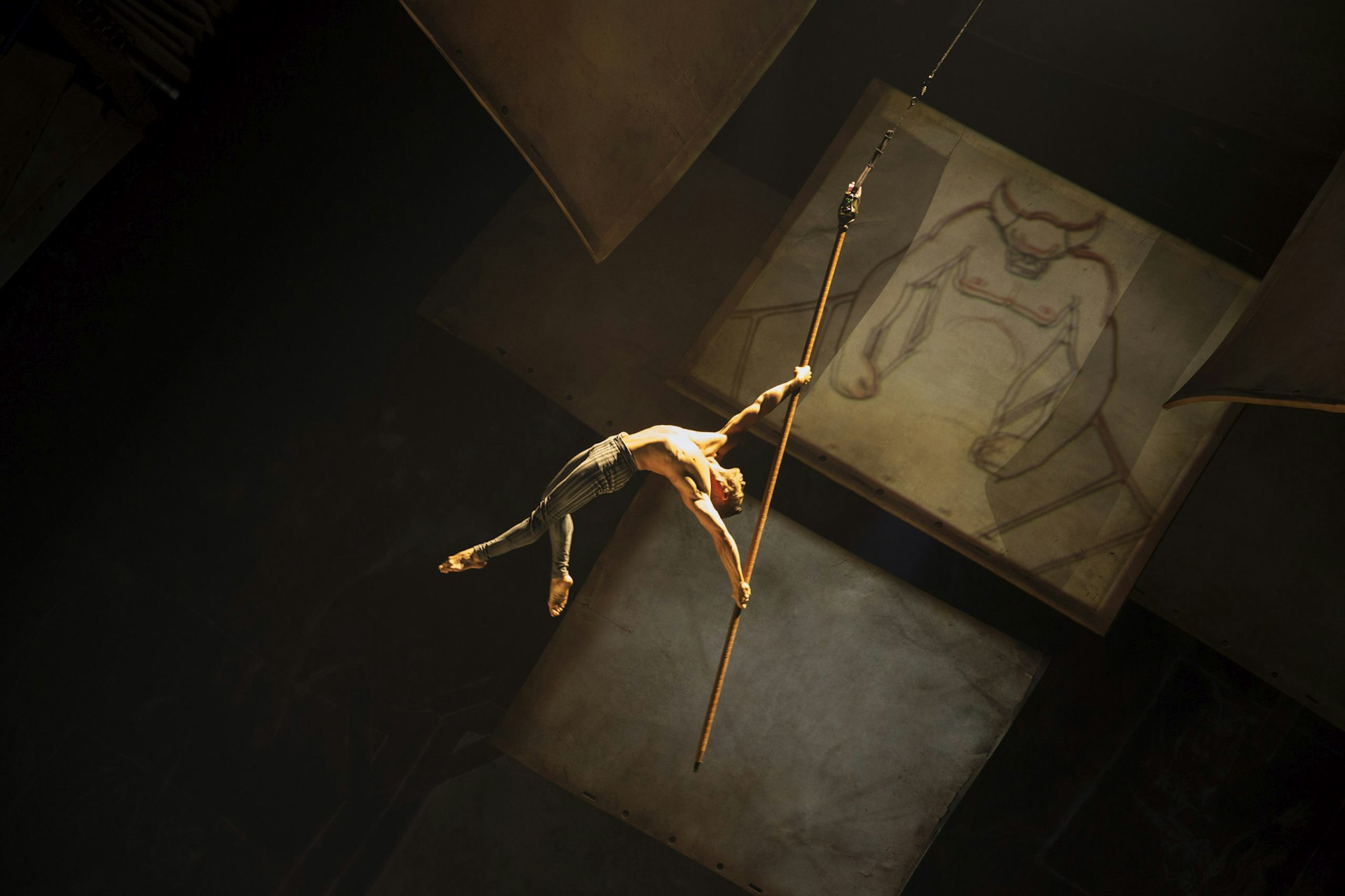 A Cirque du Soleil aerial performer on stage