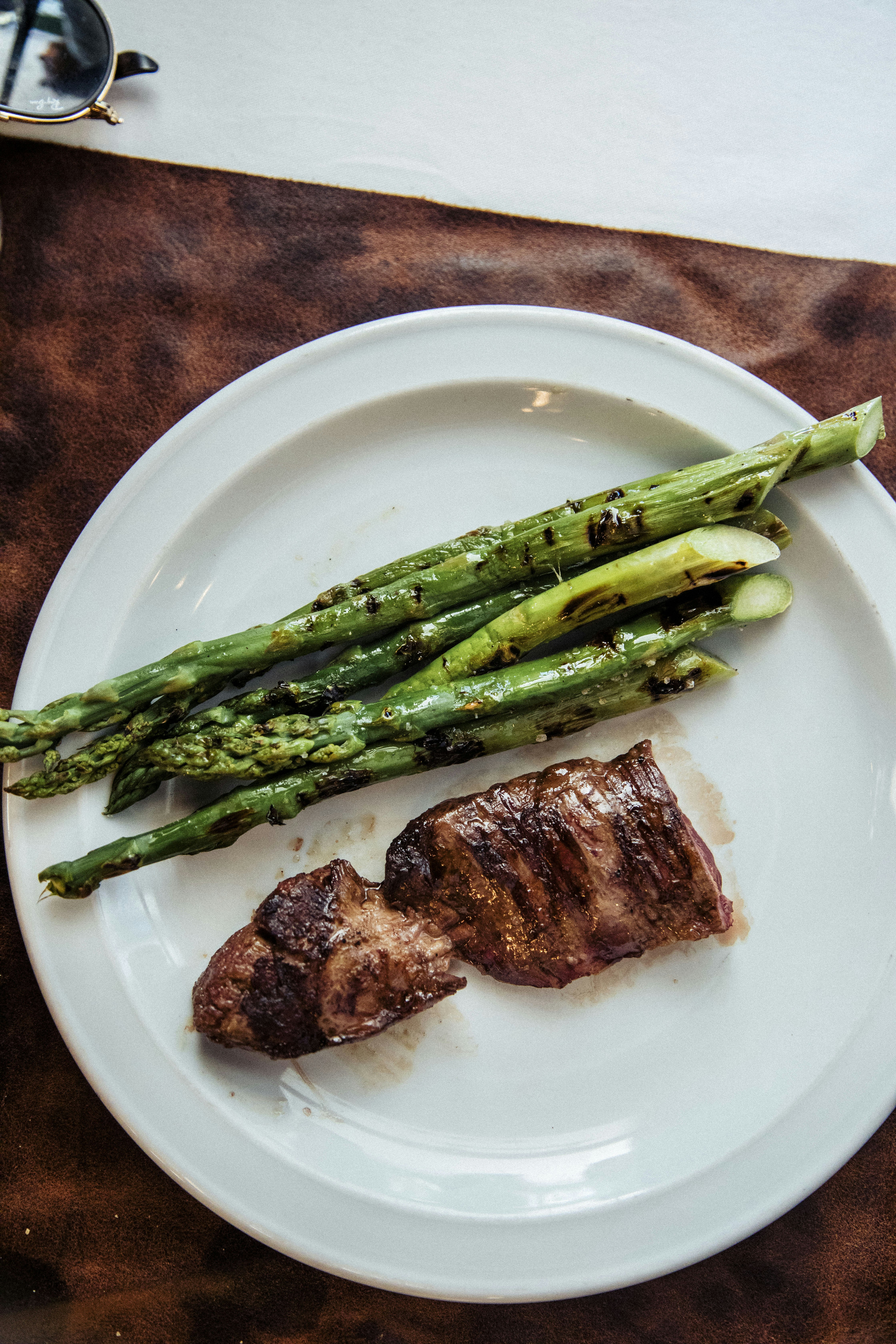 A cut of steak and a few stalks of asparagus on a white plate
