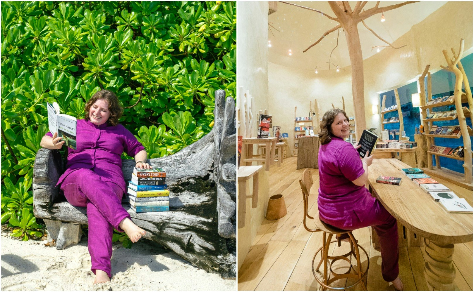 Split screen shot of woman posing with books under a tree and in a bookshop