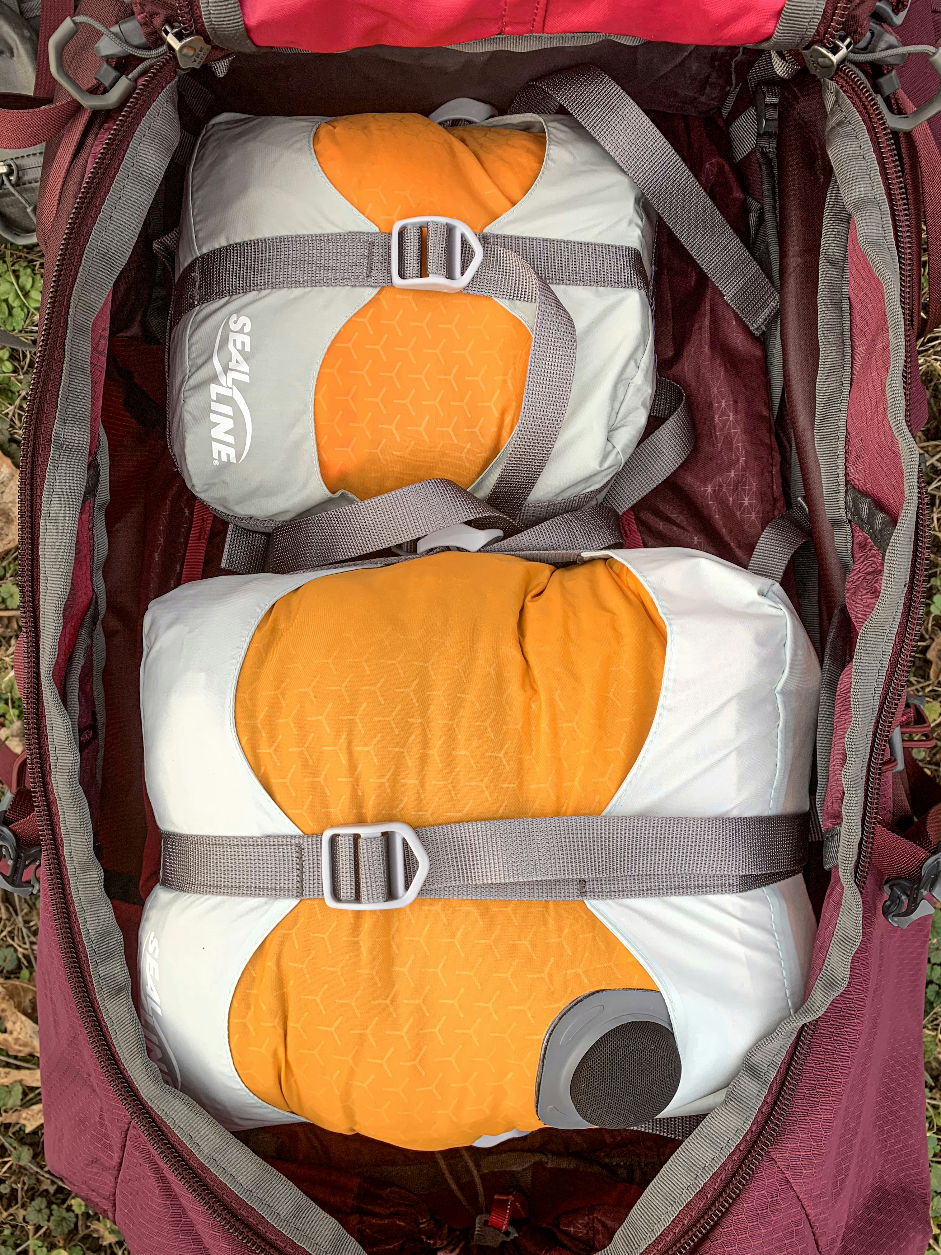 Drybags fit snugly into a backpack