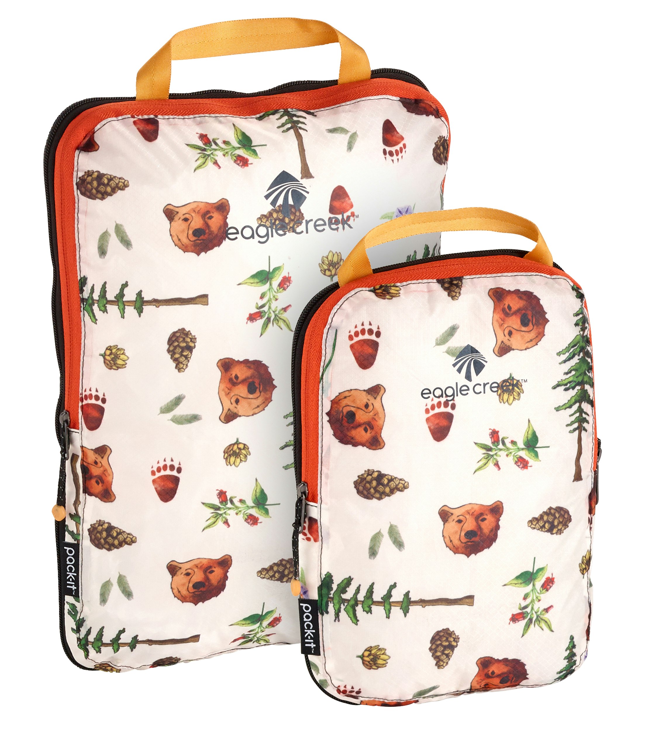 A travel packing cube with white fabric, an bright burnt orange zipper, and a lighter fruit-colored orange carrying strap is decorated with a pattern of brown bears, bear footprints, pinecones, green feathers, and pine trees randomly scattered over the surface.