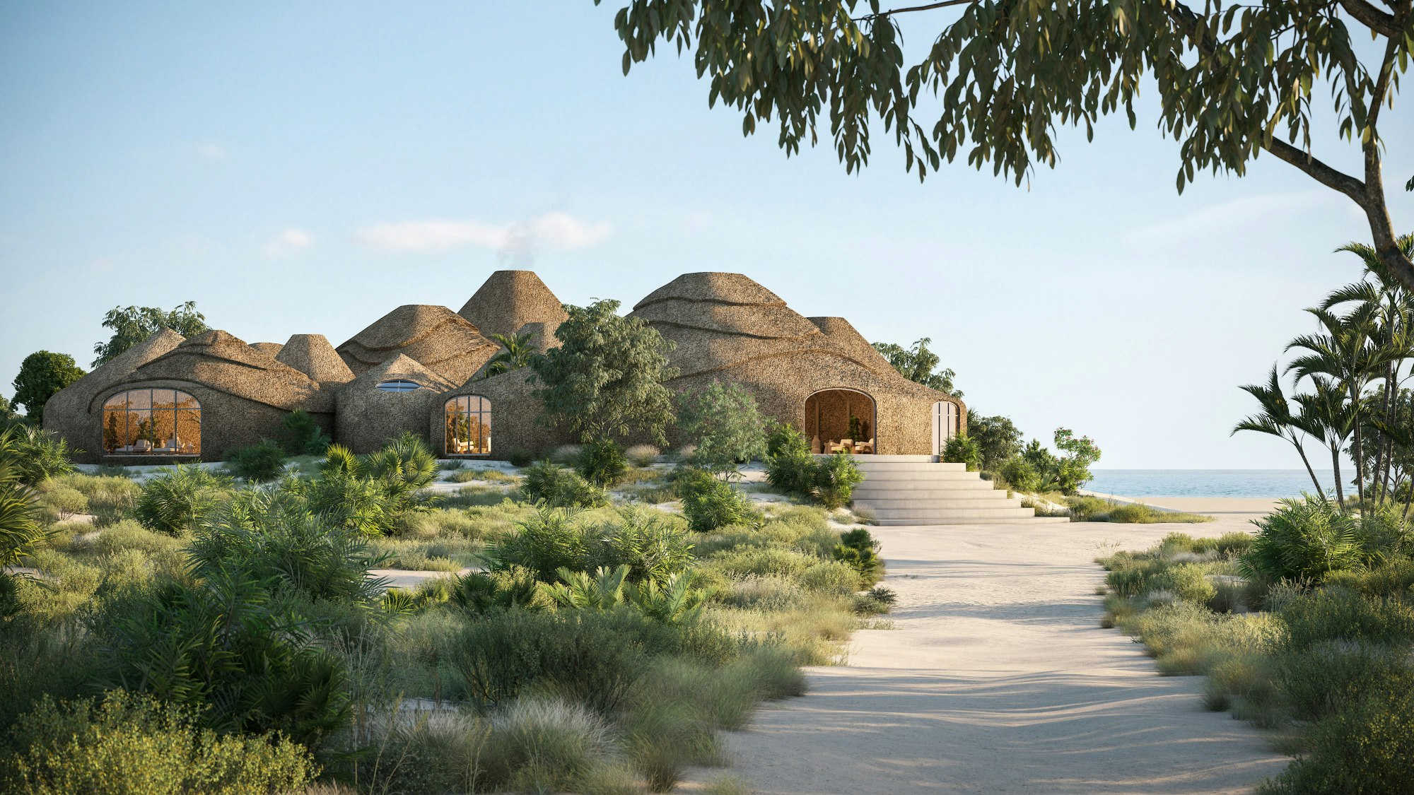 A collection of thatched bungalows on a resort island