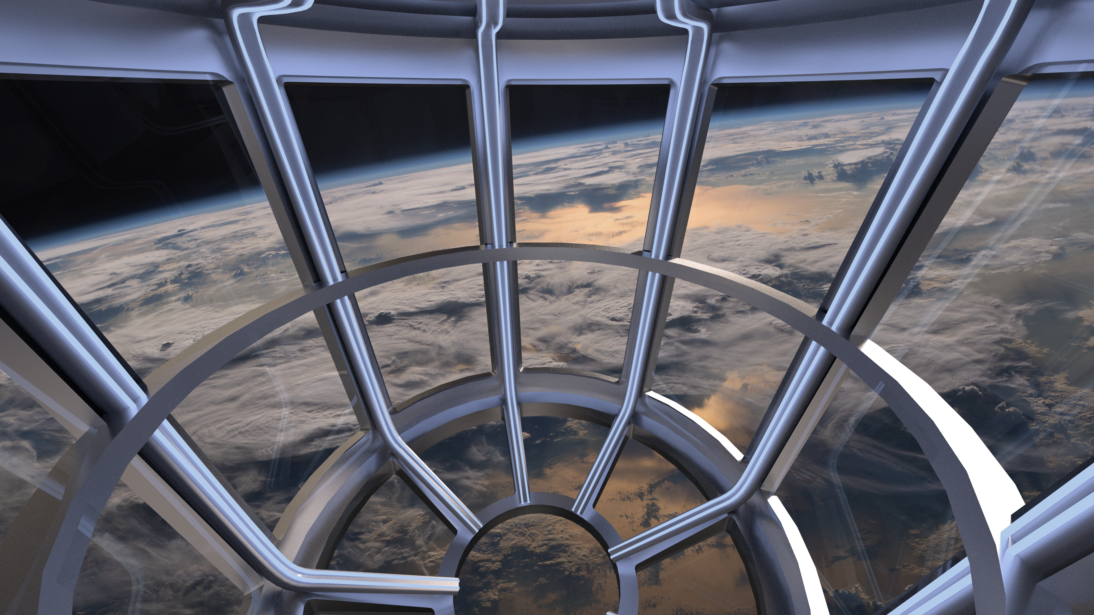 A view toward earth from inside the Axiom Station's Earth Observatory