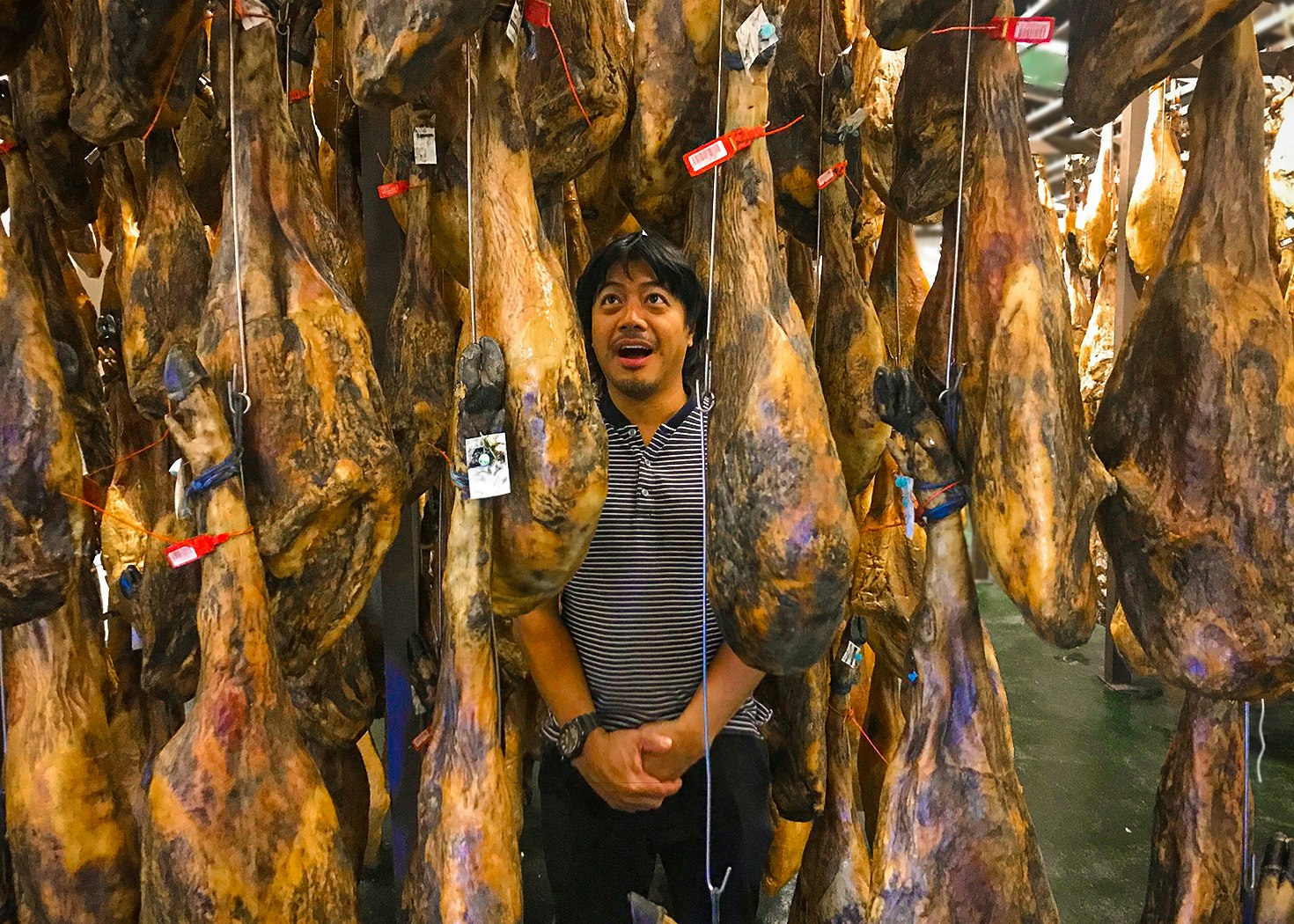 A man feigns surprise as he poses surrounded by suspended jamon iberico