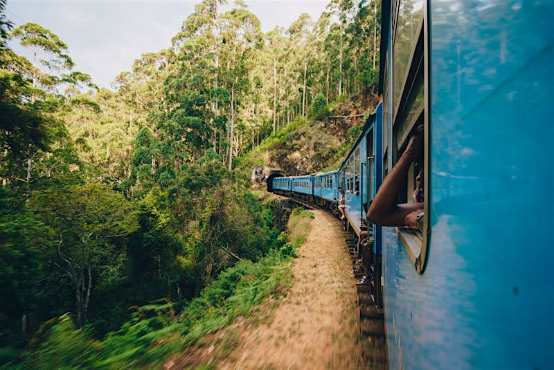 A view of the exterior of a blue Sri Lankan train, taken by an on-board passenger leaning out of the window. The train is travelling through the Hill Country, and is surrounded by green jungle. Up ahead, a tunnel is visible.