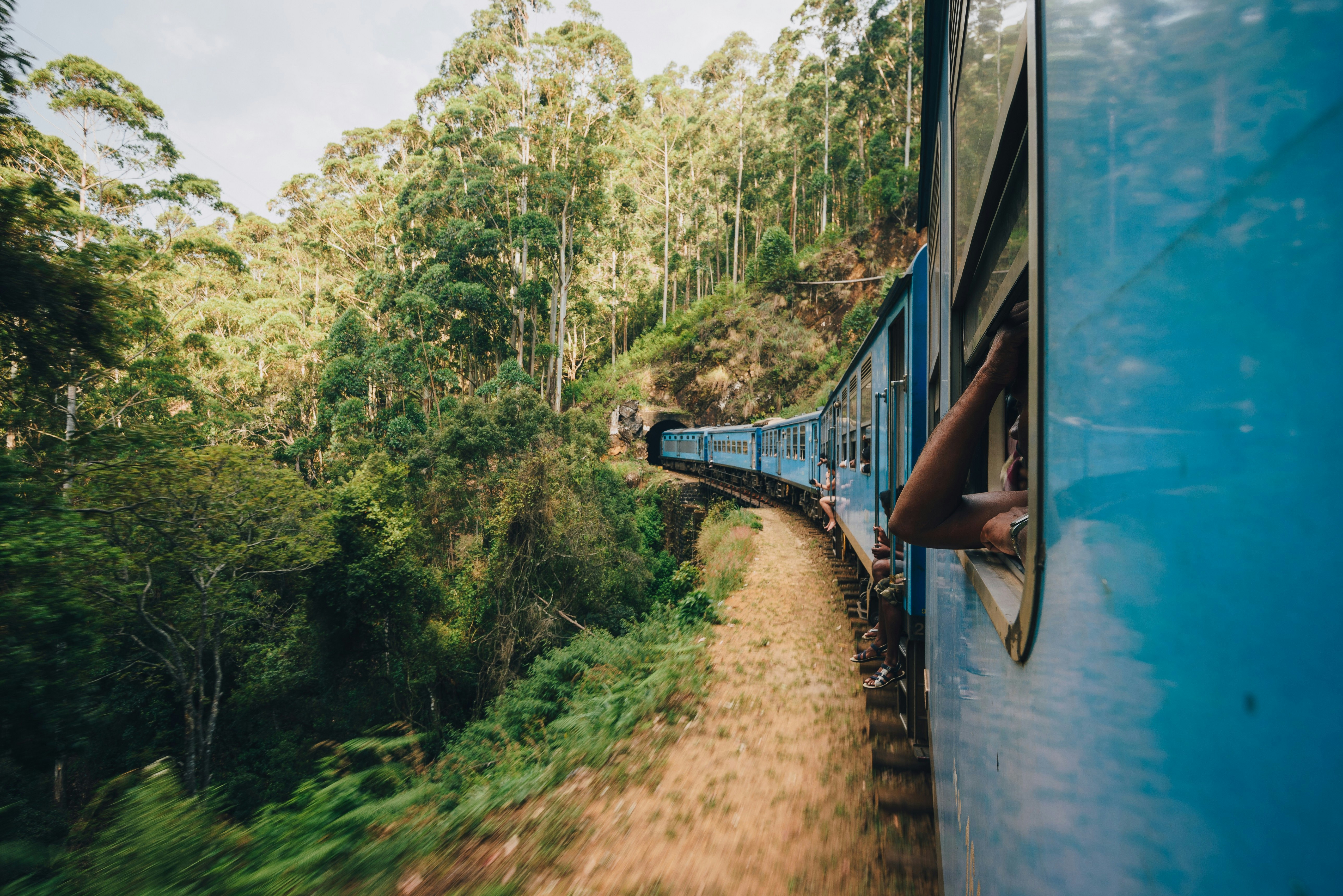 A view of the exterior of a blue Sri Lankan train, taken by an on-board passenger leaning out of the window. The train is travelling through the Hill Country, and is surrounded by green jungle. Up ahead, a tunnel is visible.