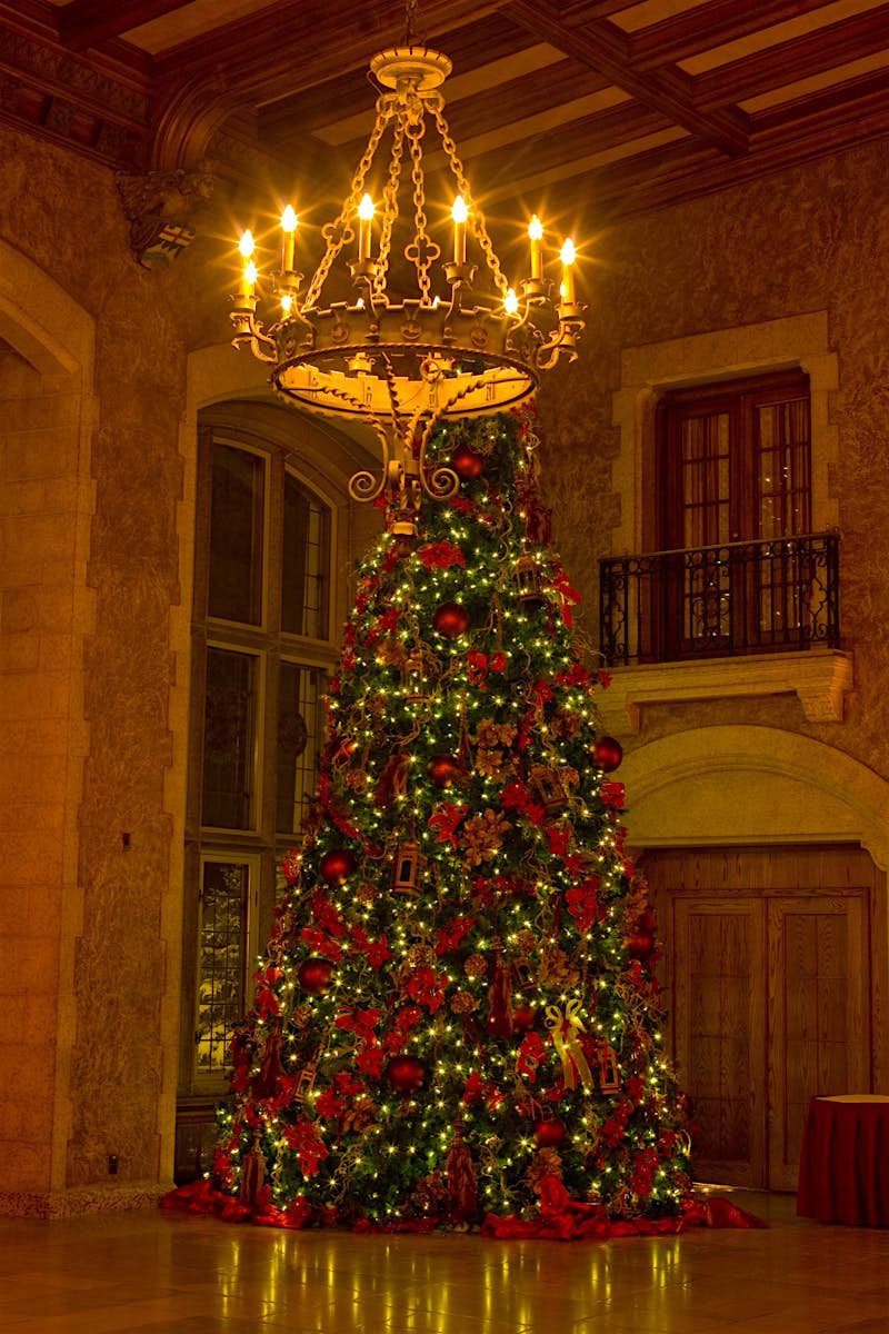 A christmas tree is set up in opulent surroundings at the Fairmont Banff Springs during winter at Banff and Lake Louise