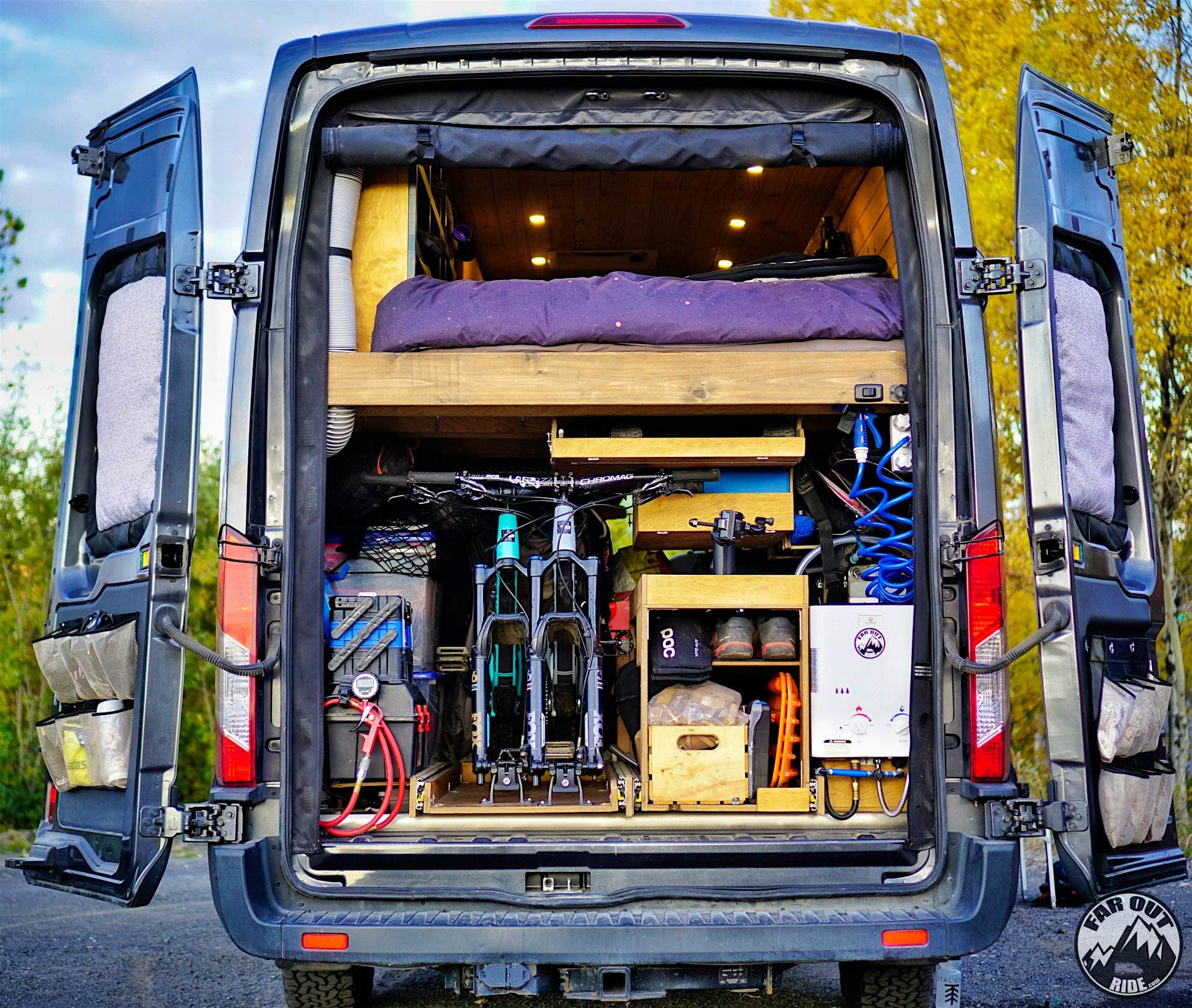 The vehicle acts as a home on wheels and has been configured to fit two mountain bikes © FarOutRide The vehicle acts as a home on wheels and has been configured to fit two mountain bikes © FarOutRide