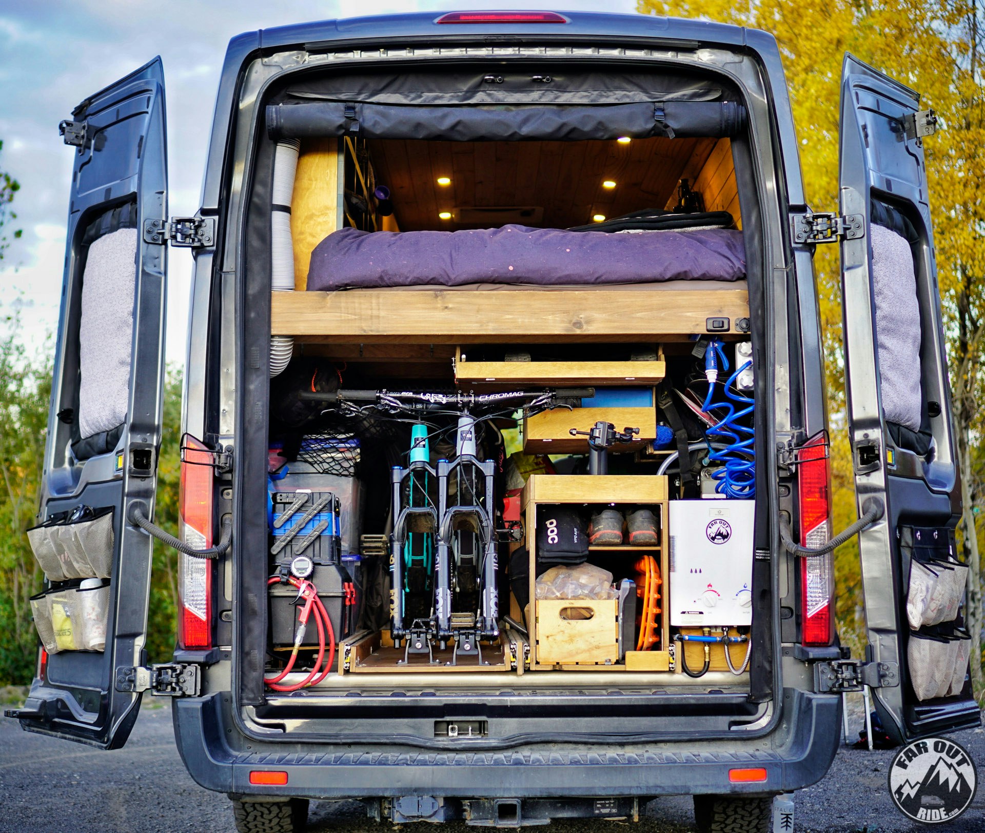 The vehicle acts as a home on wheels and has been configured to fit two mountain bikes © FarOutRide