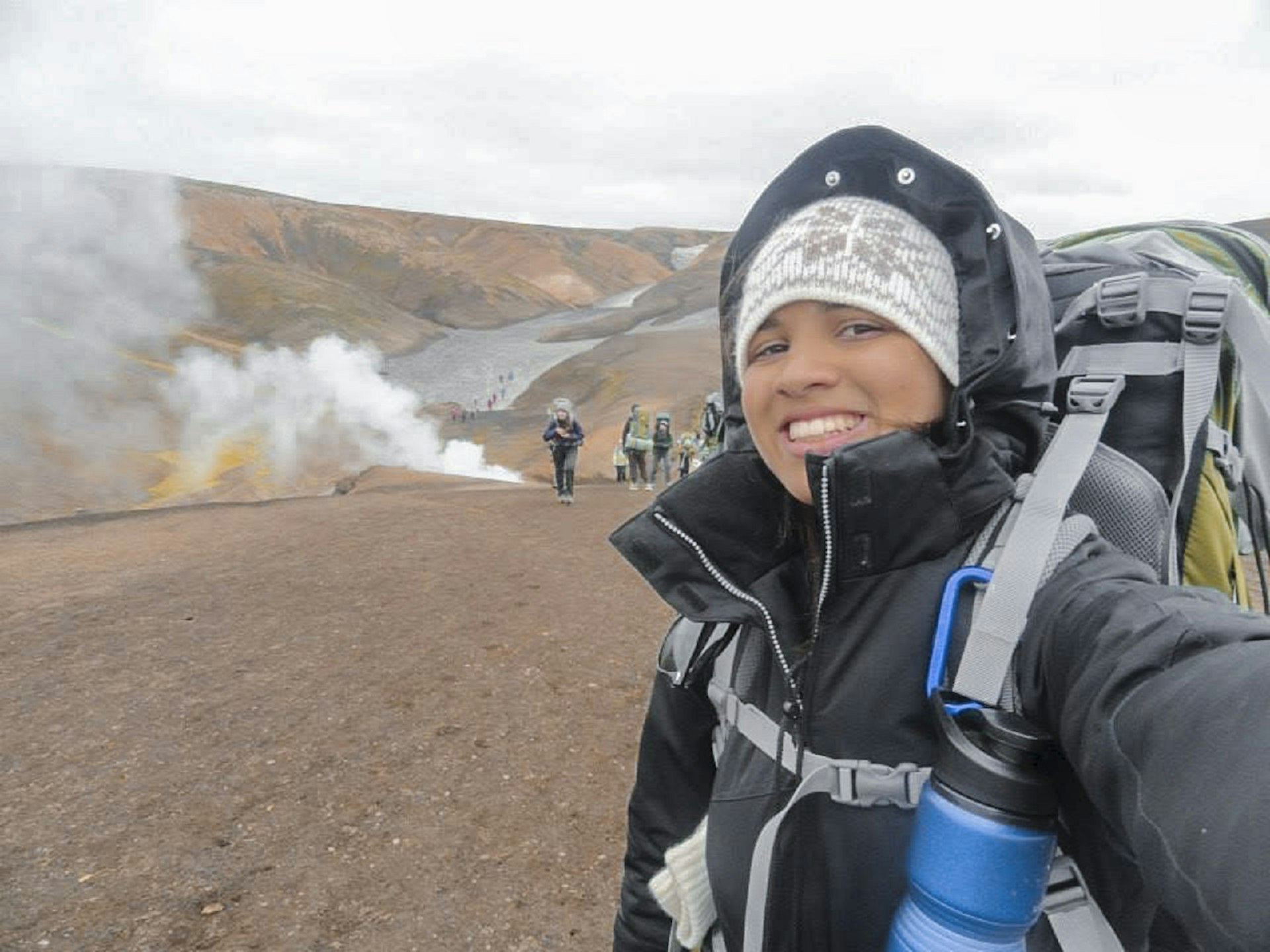 Backpacker Gabby takes a selfie on her first day of the trip backpacking the Landmannalaugar trail in Iceland in 2013