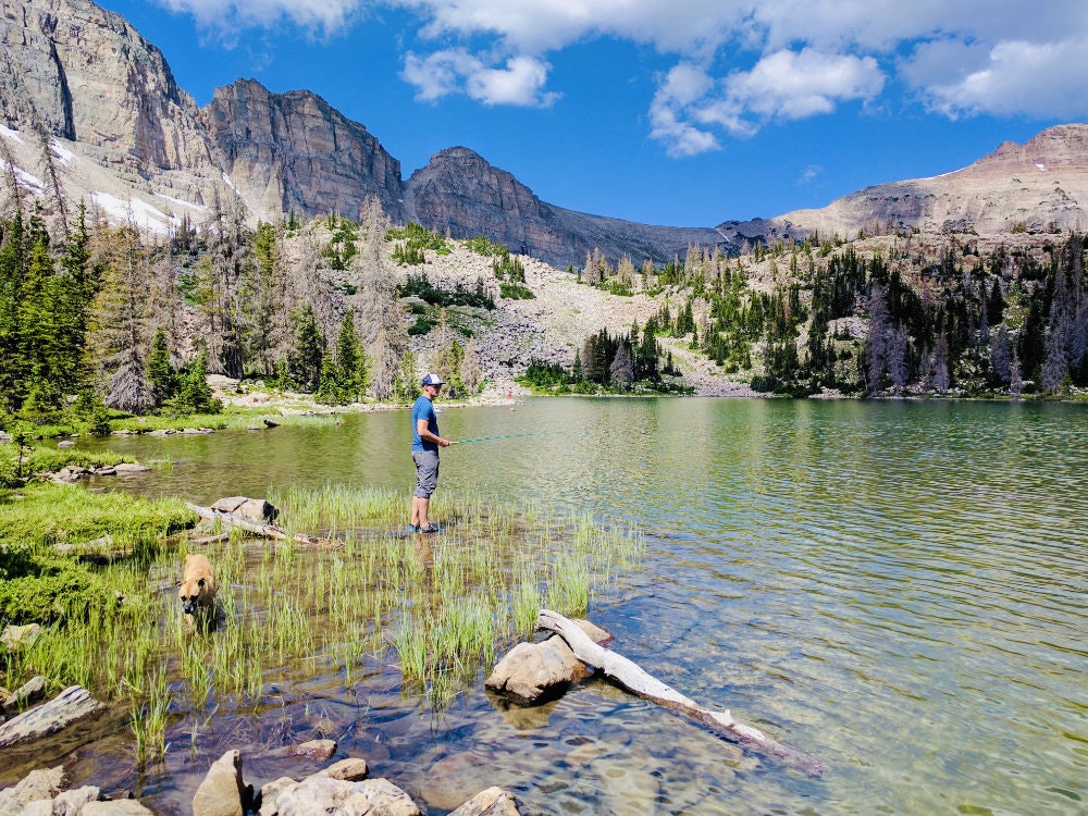 A man fishes in a mountain lake. A large red cliff face with trees in front of it is also in shot. Small shoots of green are growing by the lake-edge.