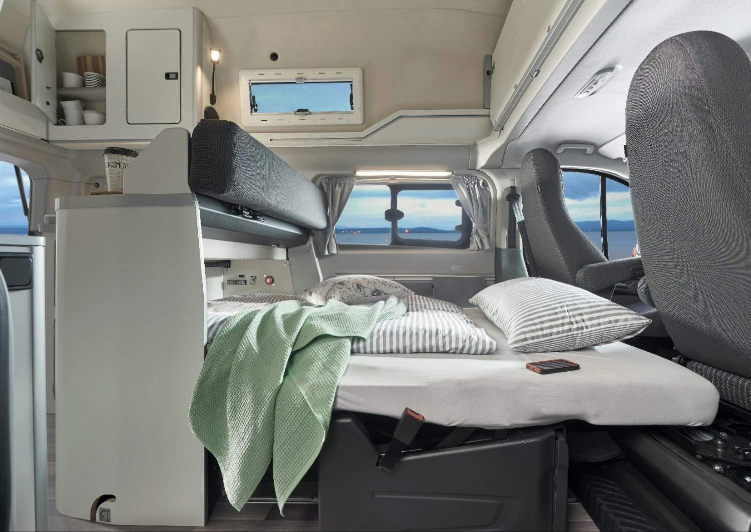 The bedroom of a Ford Transit Custom Nugget