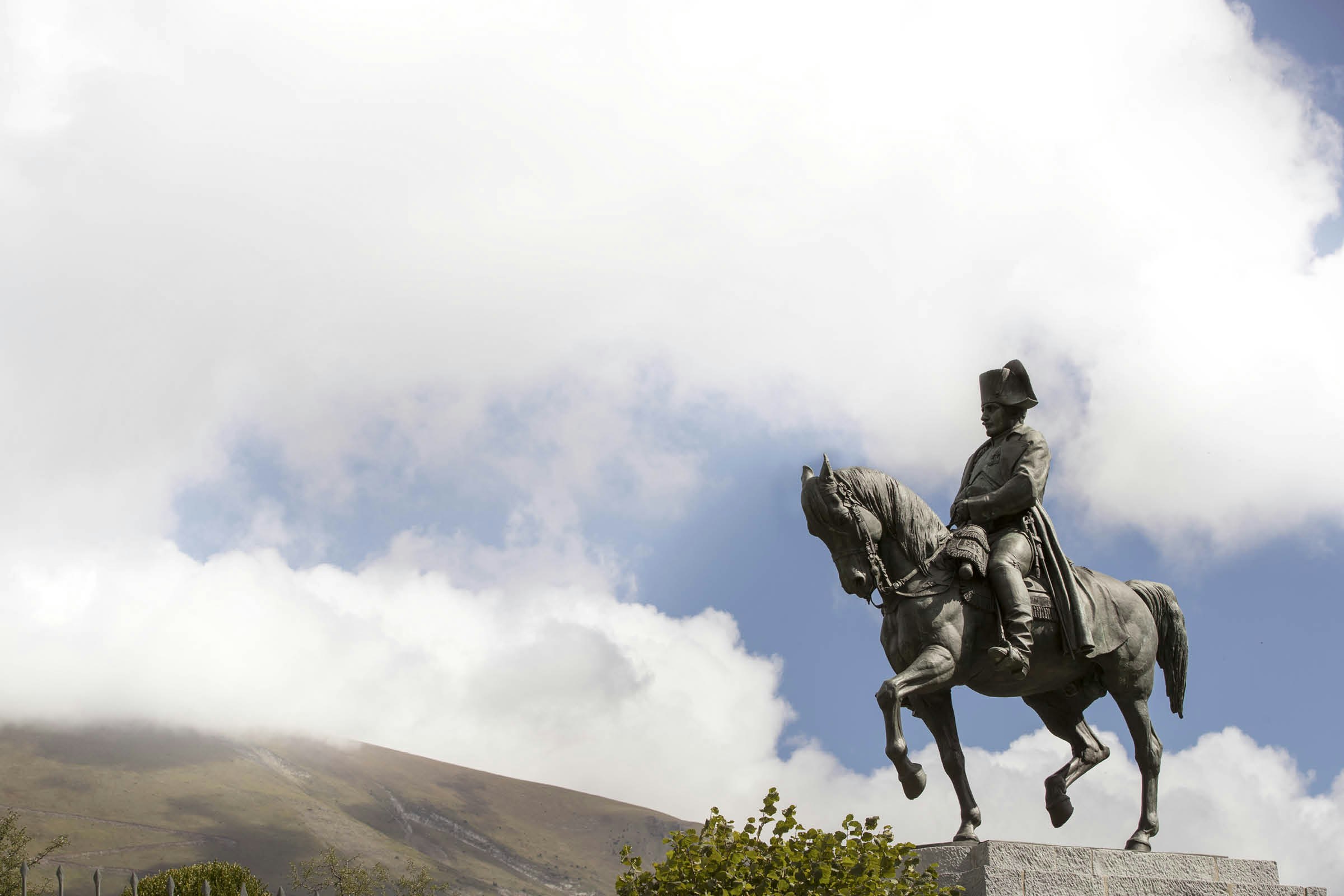 A horseback statue of Napoleon with his distinctive bicorn hat