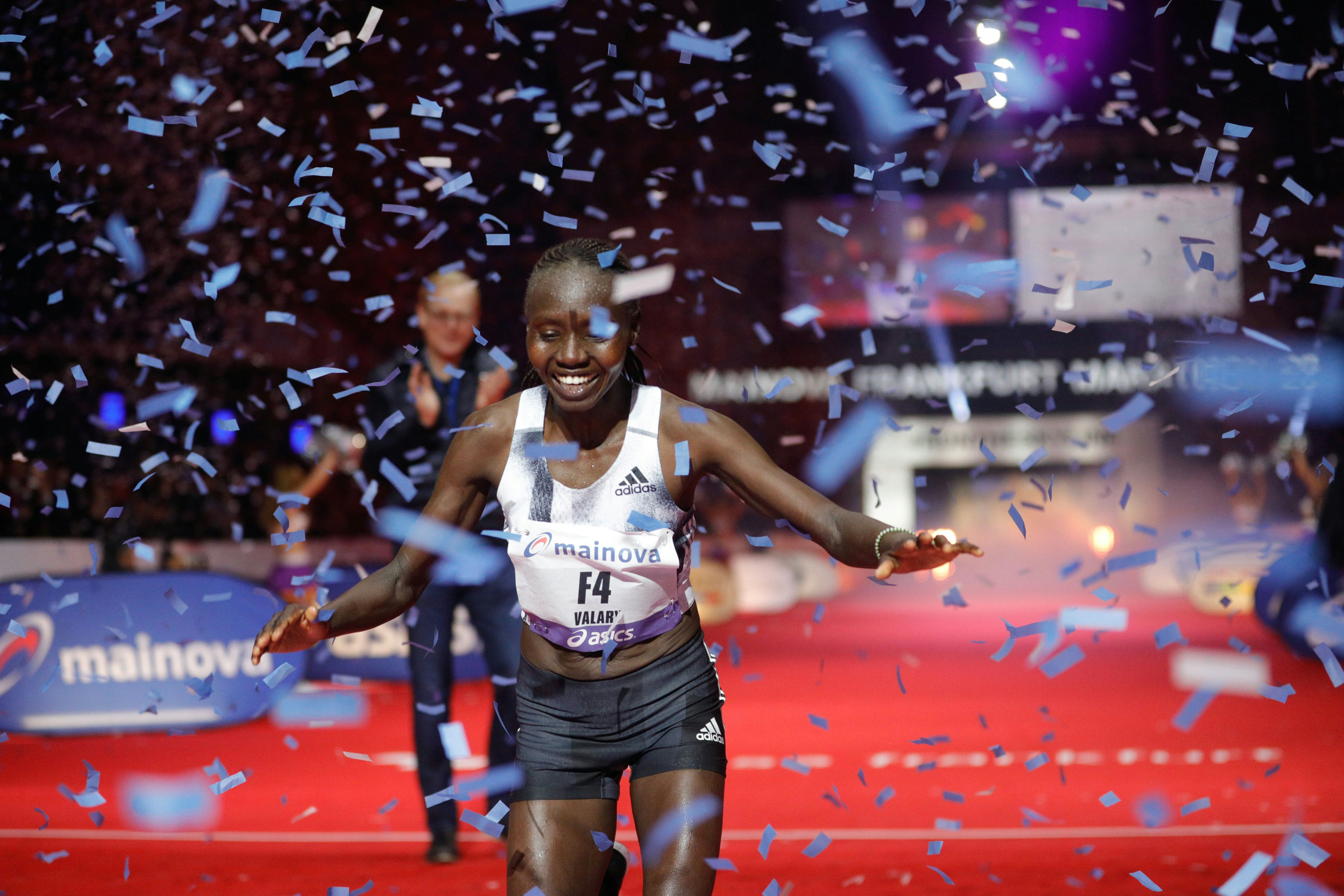 Valary Jemeli Aiyabei is covered in confetti as she wins the 2019 Frankfurt Marathon
