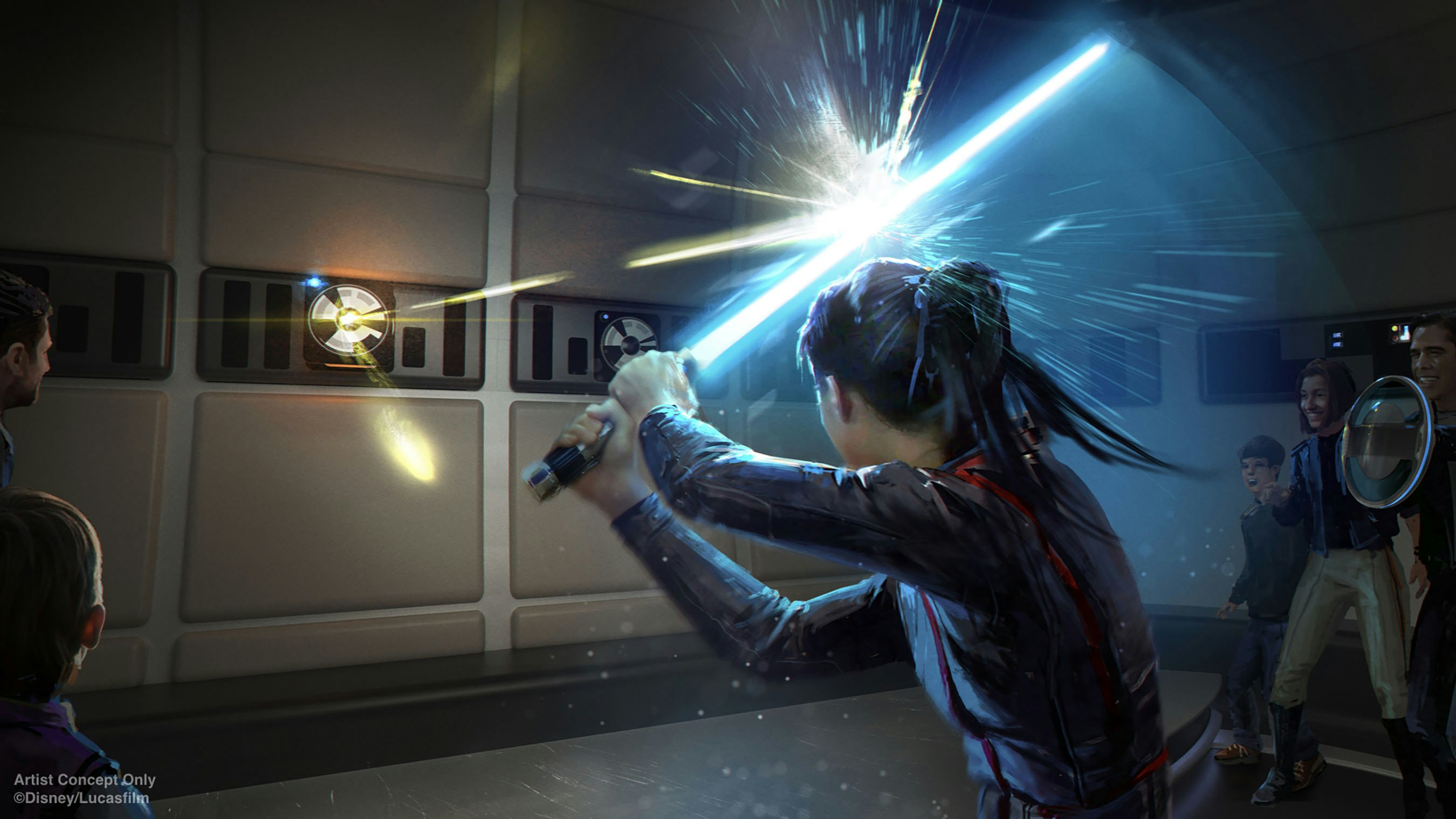 Rendering of a young girl playing with a lightsaber