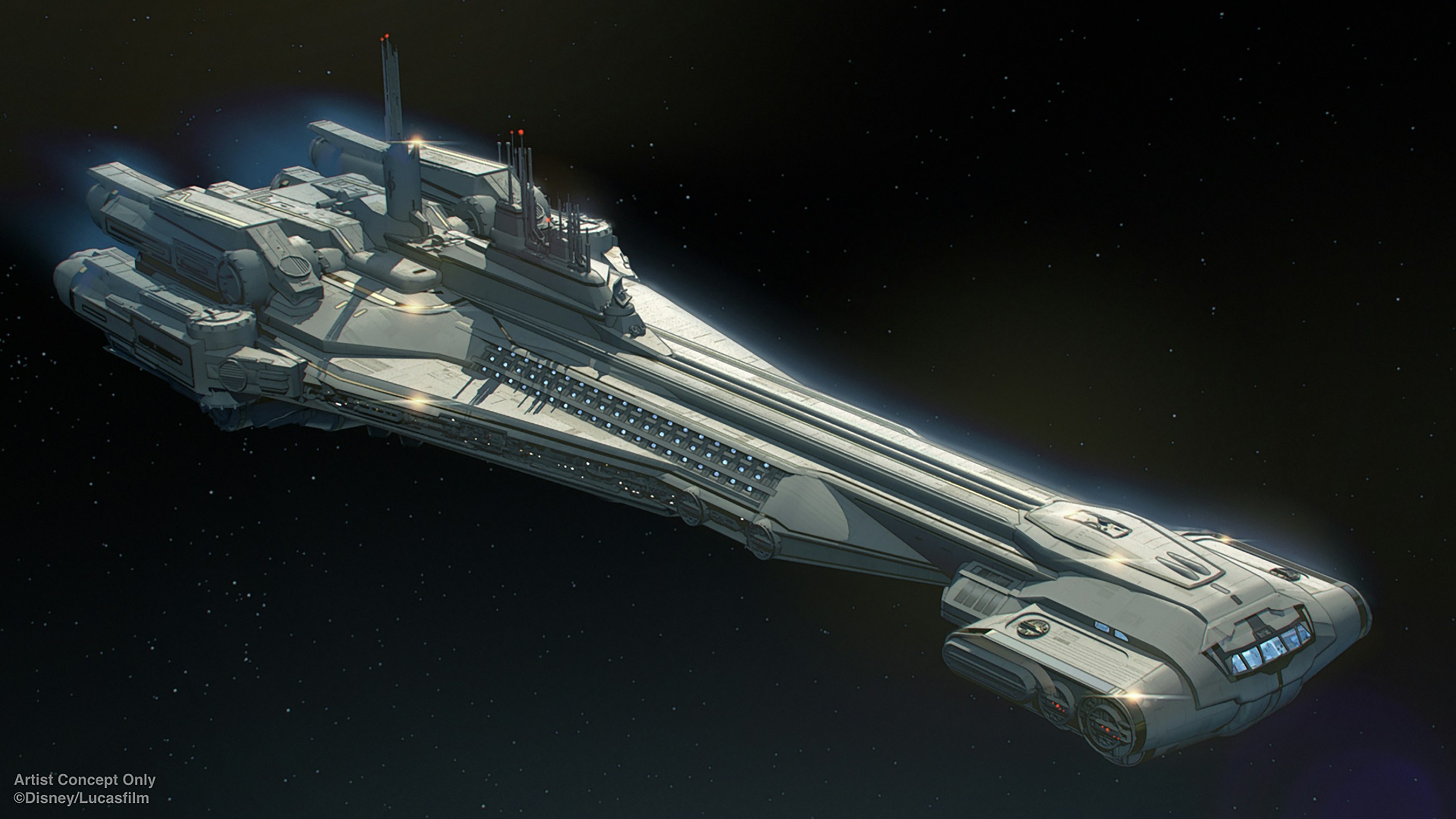 A rendering of a Star Wars cruise liner in space