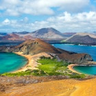 Aerial view of the mountains and the sea at the Galapagos Islands