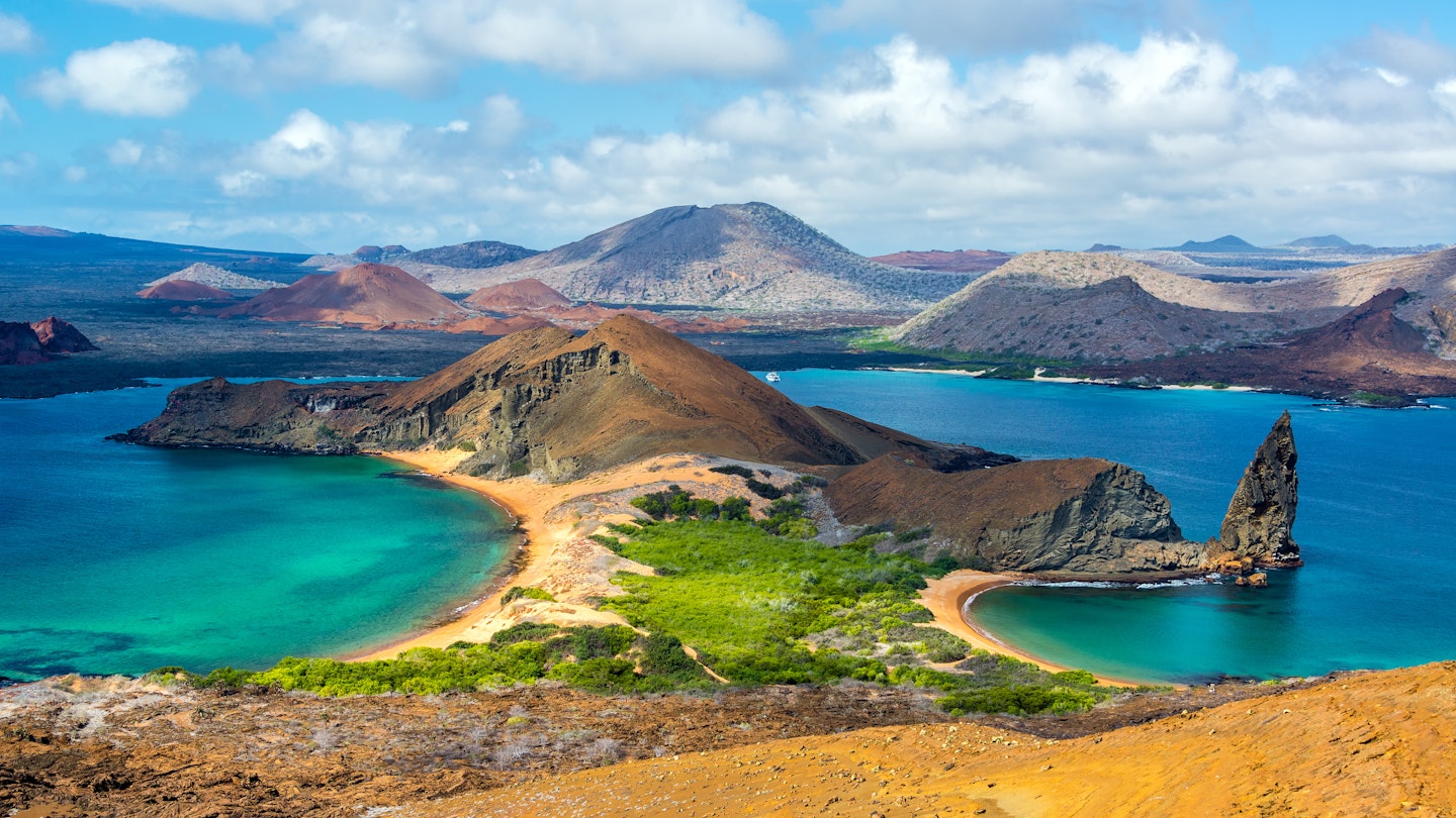 Aerial view of the mountains and the sea at the Galapagos Islands