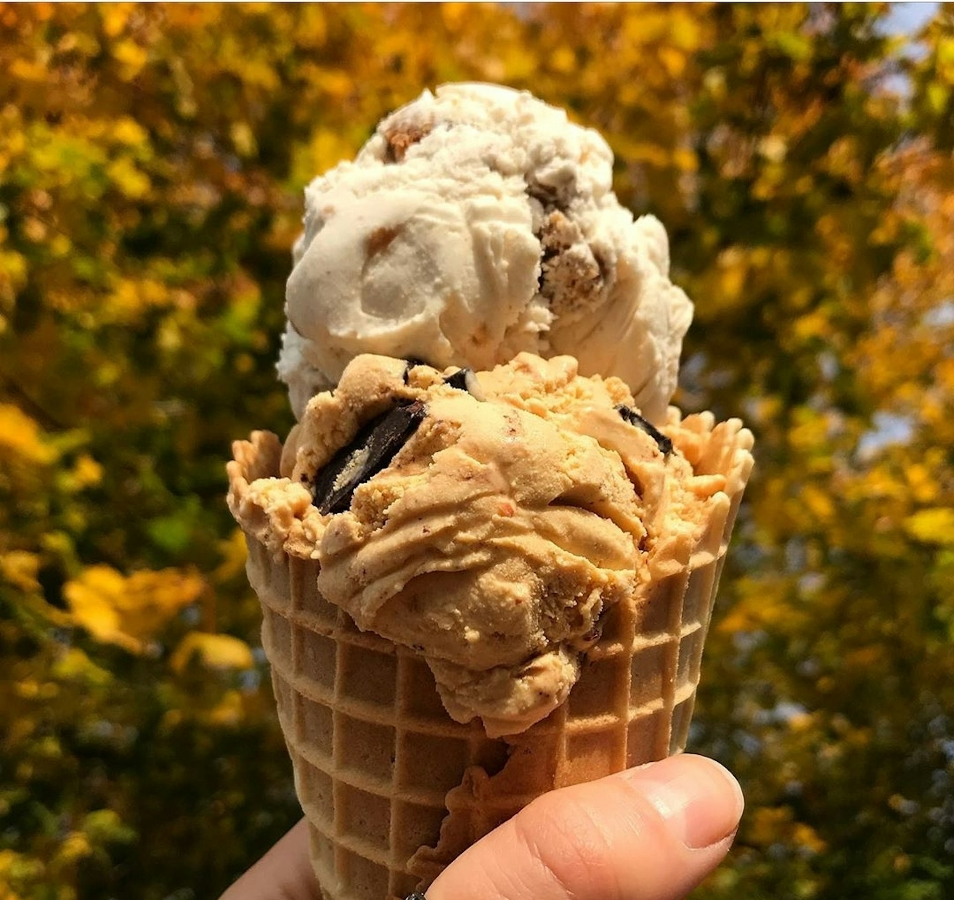 A waffle cone filled with two scoops of ice cream is held up against a backdrop of autumn leaves.