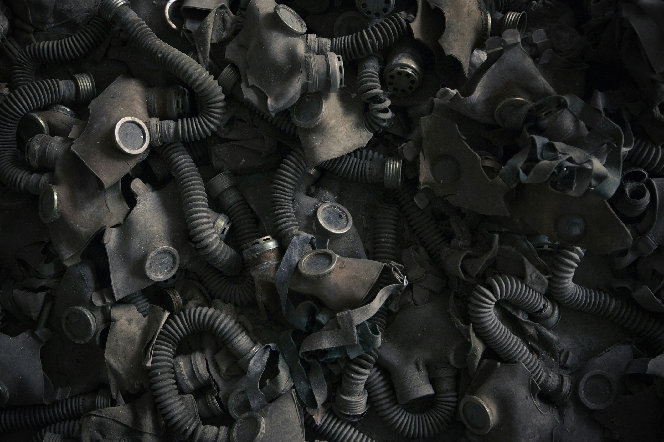 A pile of black gas masks lying in Pripyat Ukraine