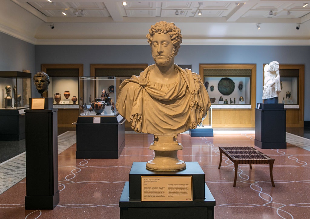 Classical sculptures inside a Getty Center gallery