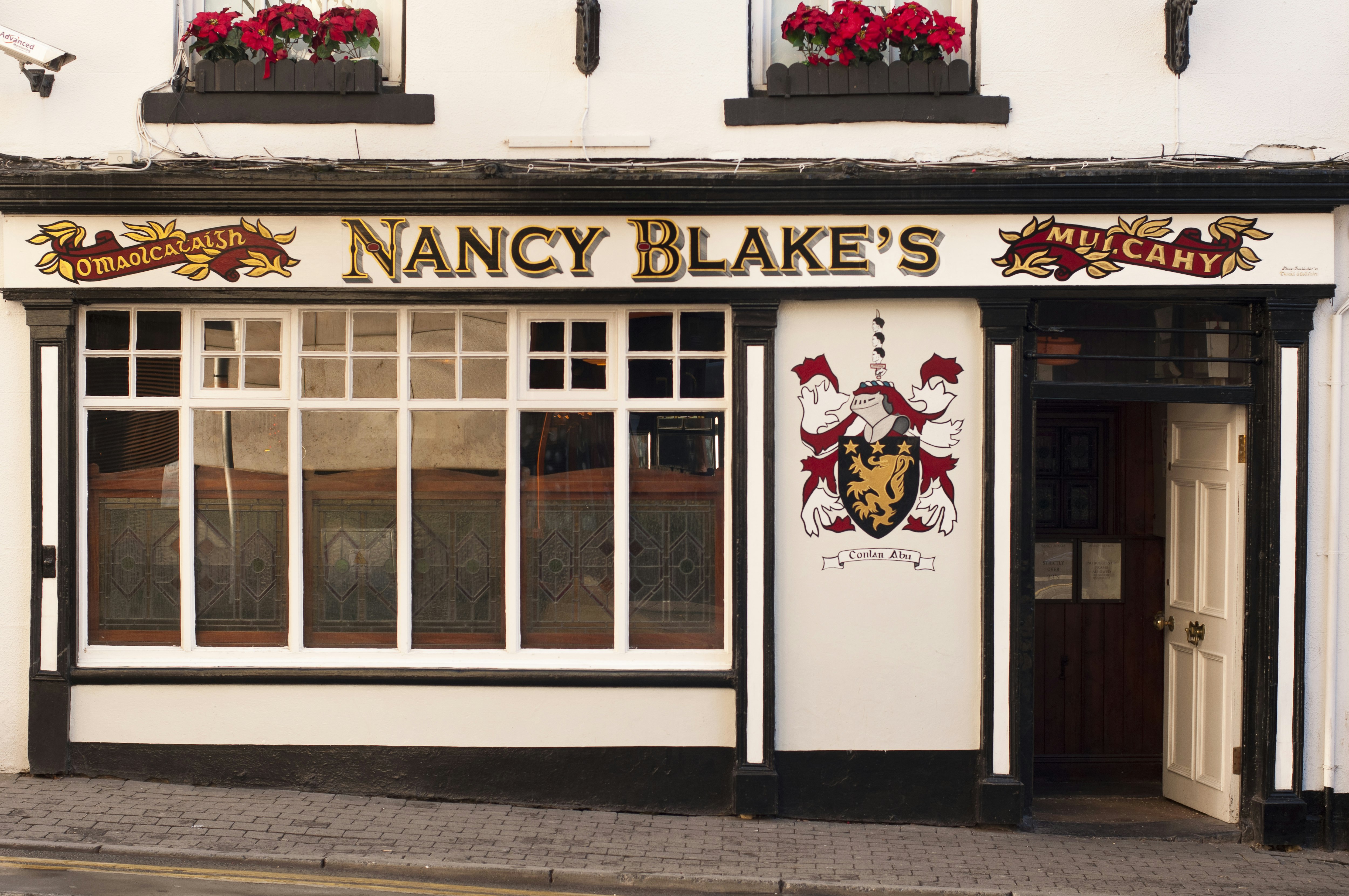 The white plaster and dark wood Tudor exterior of Nancy Blake's pub on Denmark Street in Limerick is decorated with a heraldic crest, two mottos in Gaeilge, and window boxes full of bright red flowers