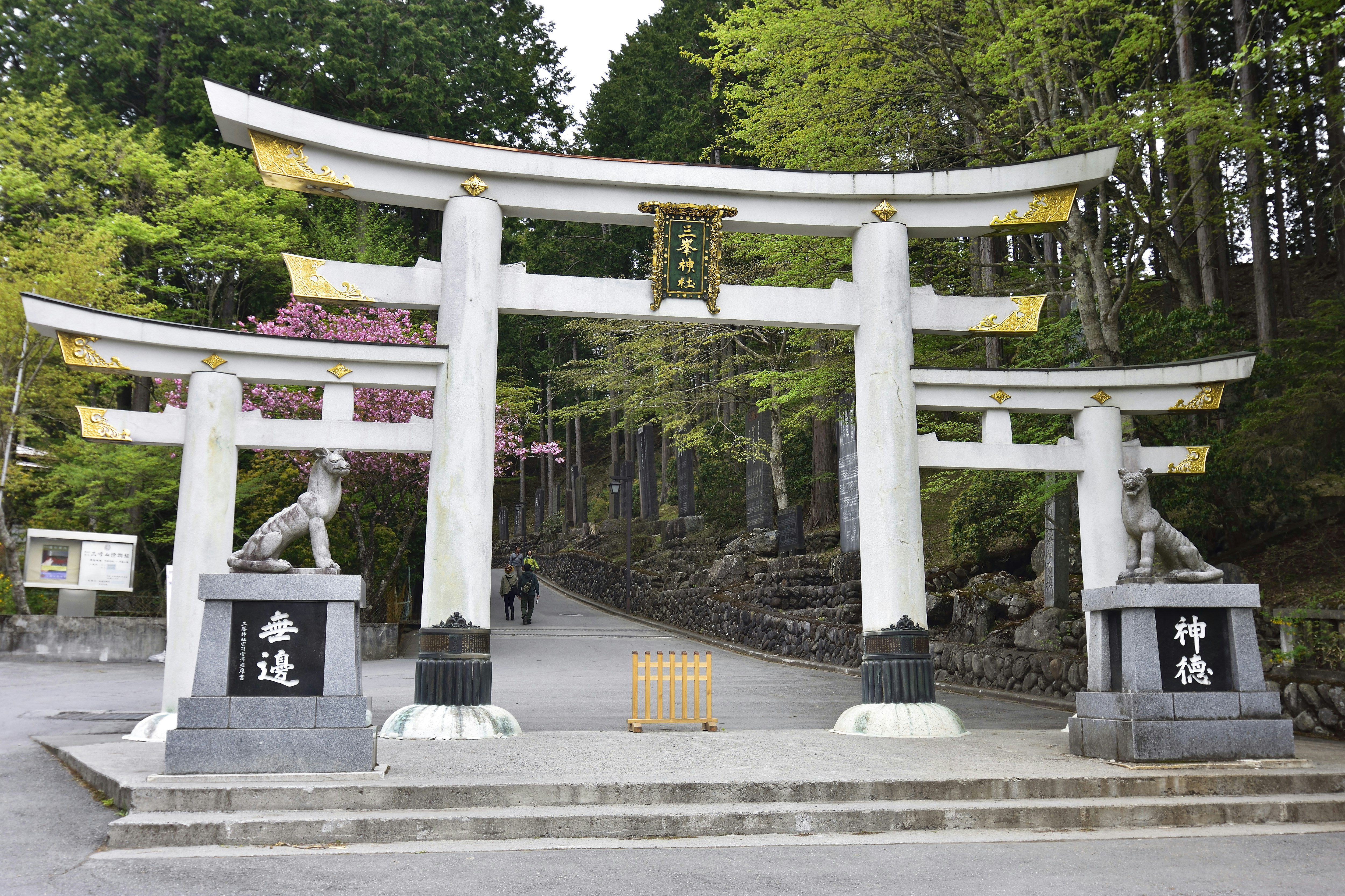 The entrance to the Mitsumine-jinja Shinto shrine. A traditional Japanese stone archway stands with a statue of a wolf either side of it. 