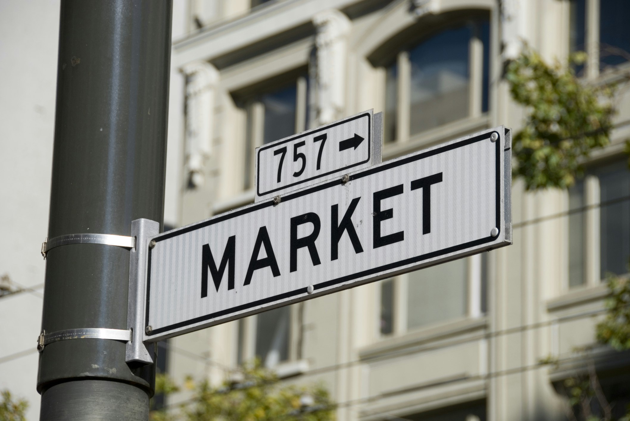 A city street sign that reads 'Market Street'