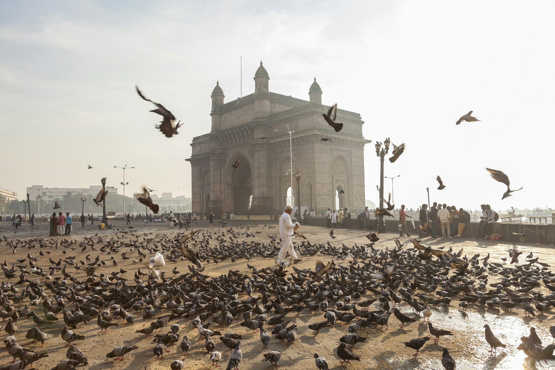 A lone figure, dressed all in white, walks through a flock of pigeons in front of the Gateway of India, a monumental stone arch, in Mumbai. Some of the pigeons have taken flight around the figure.