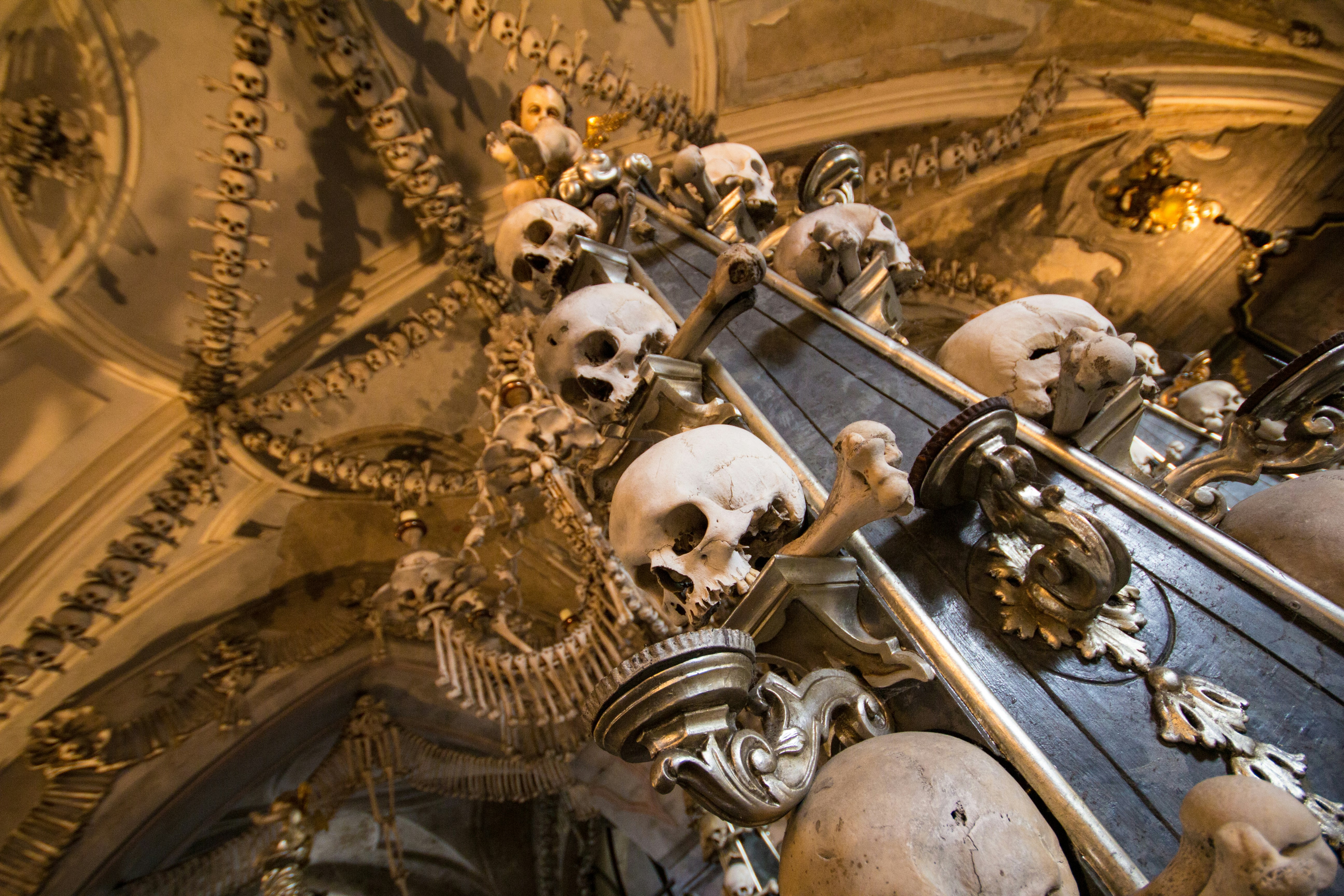 A photo of the bone church known as Sedlec Ossuary or Kostnice Ossuary in Kutna Hora, Czech Republic