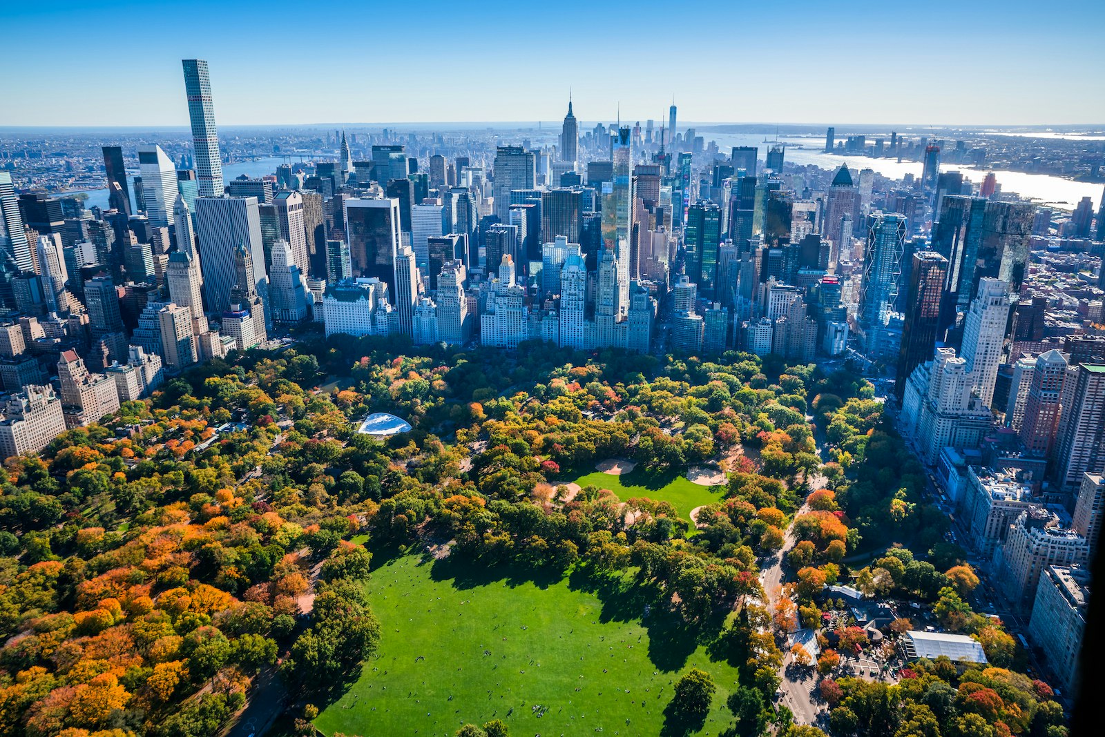 An aerial view of Central Park when the leaves have begun to change