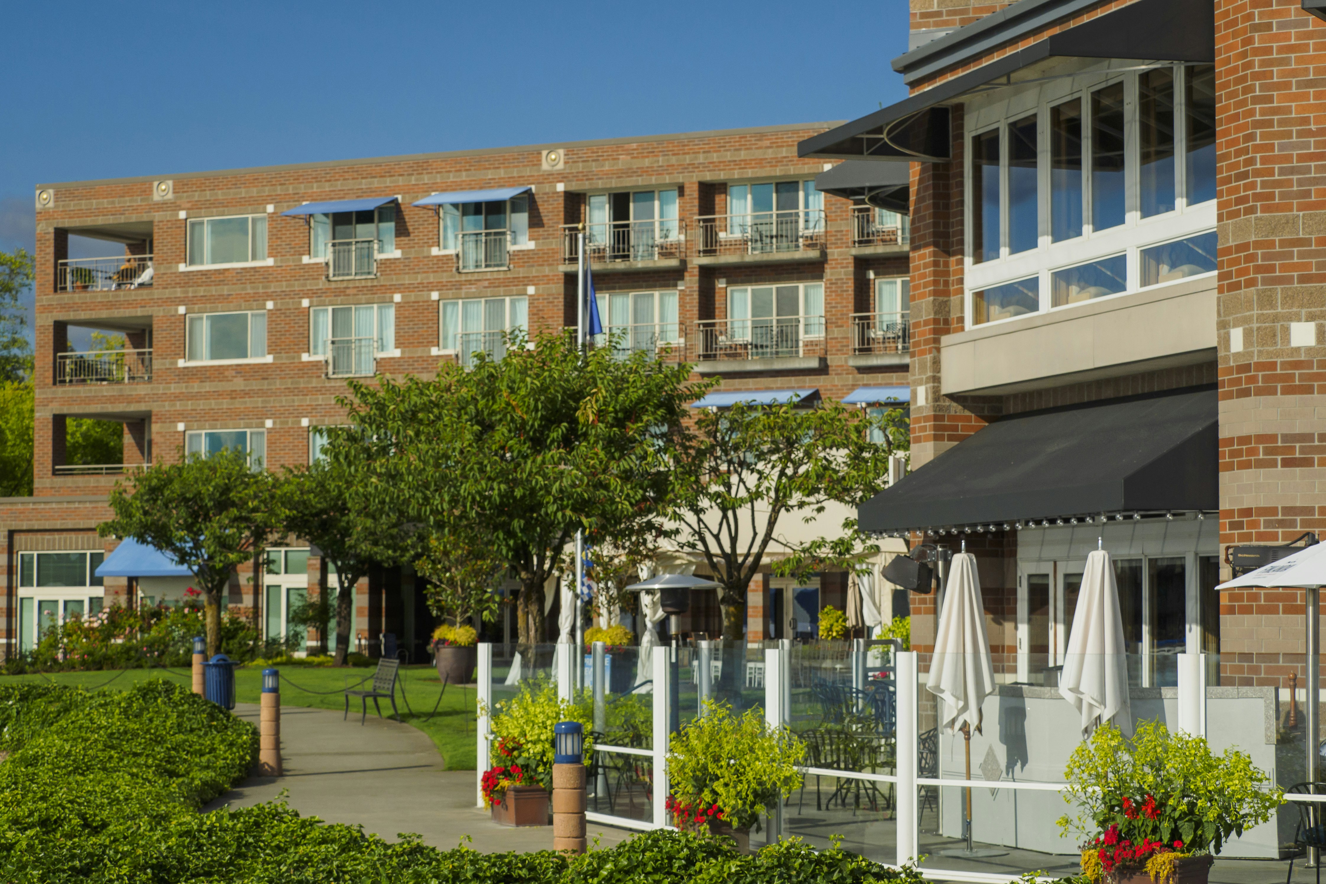 The brick, contemporary exterior of the Woodmark Hotel, which overlooks Lake Washington in Kirkland