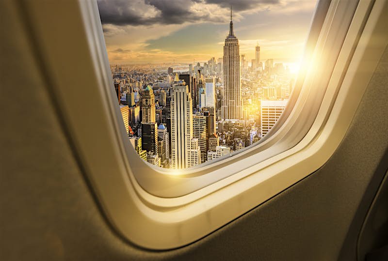 New York skyline as seen from an airplane window