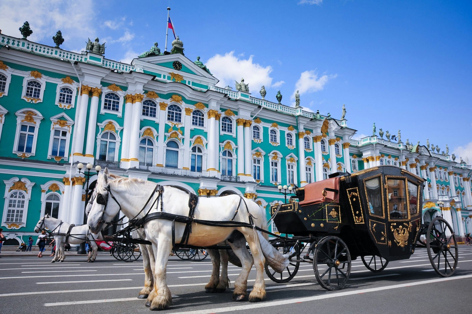 A carriage pulled by horses near the State Hermitage Museum during the summer.