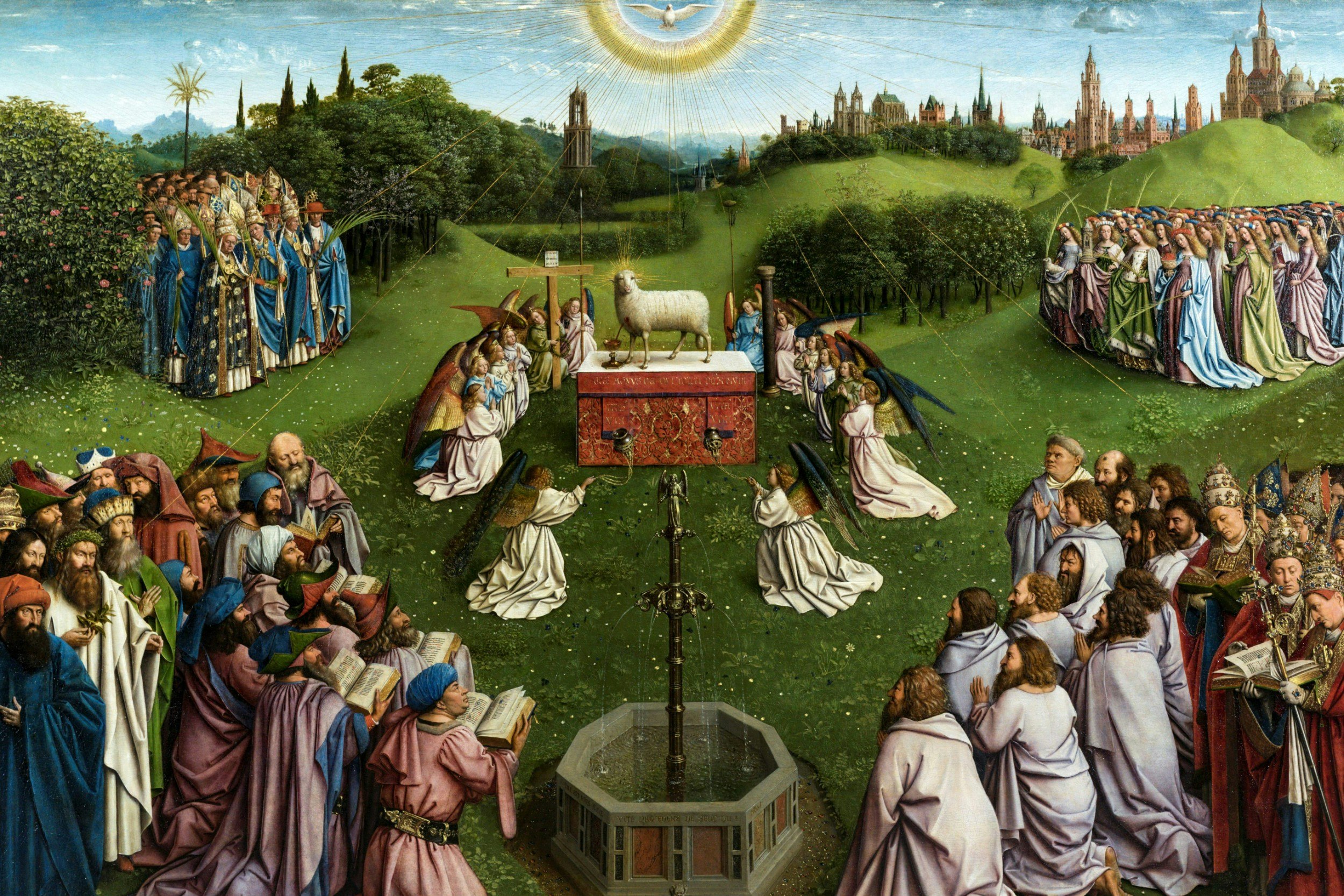 The restored original of 'Adoration of the Mystic Lamb' altarpiece (1432)
