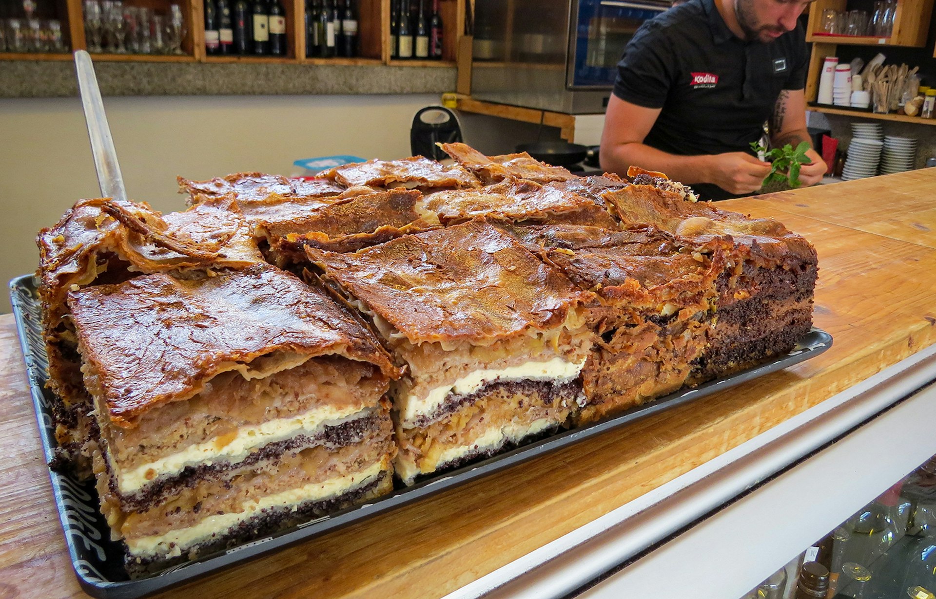 A decadent layered pastry with a flaky crust