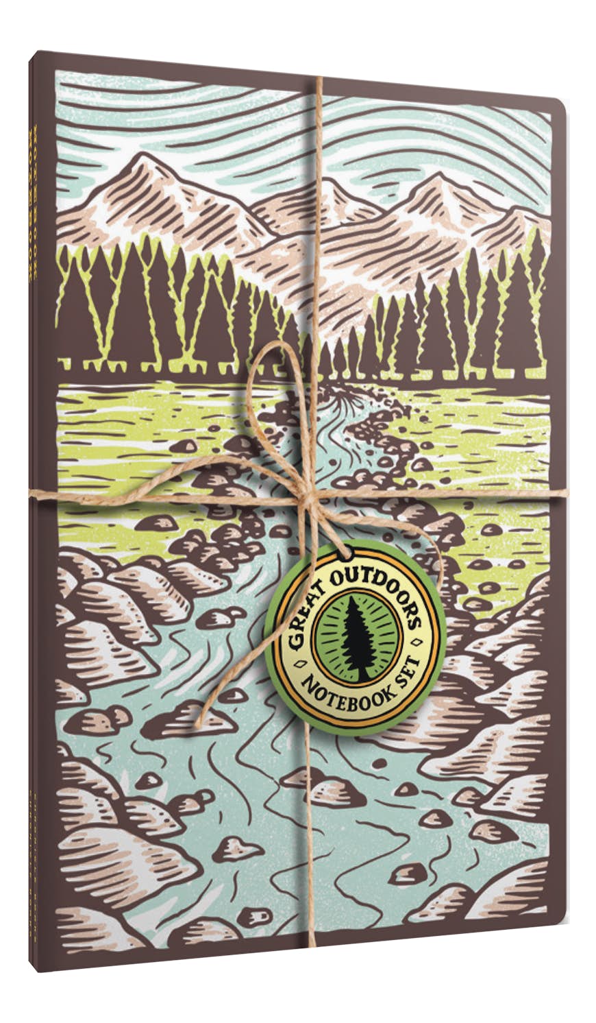 The Great Outdoors anteckningsboksset, med en präglad bild i träsnitt av en bergsbäck på omslaget 