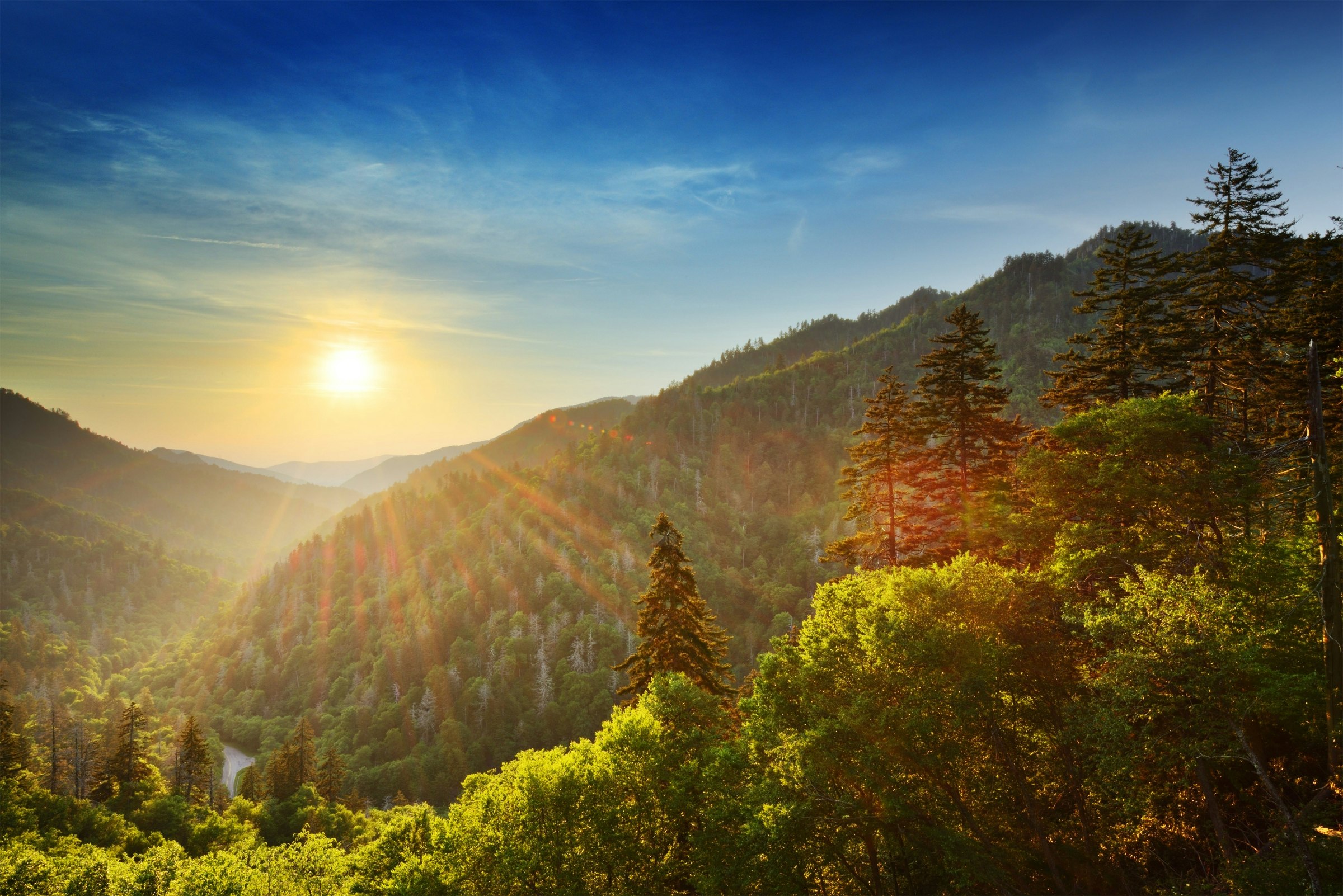 Setting sun over the Great Smoky Mountains' Newfound Gap. 