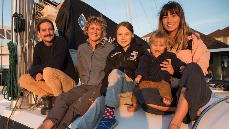 Greta Thunberg with an Australian influences family aboard their boat