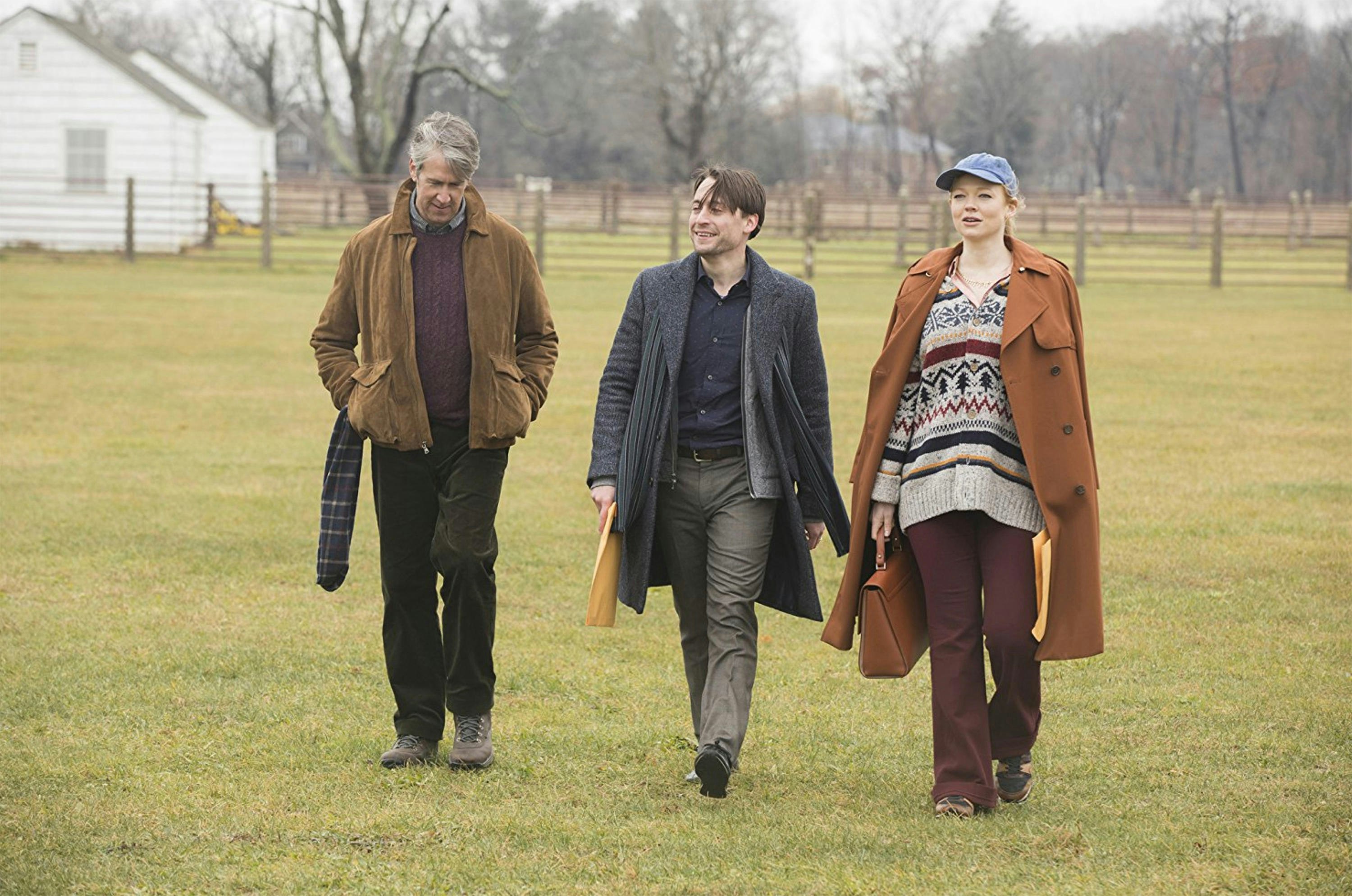 Alan Ruck, Kieran Culkin, Sarah Snook walk across a field in HBO's 'Succession'