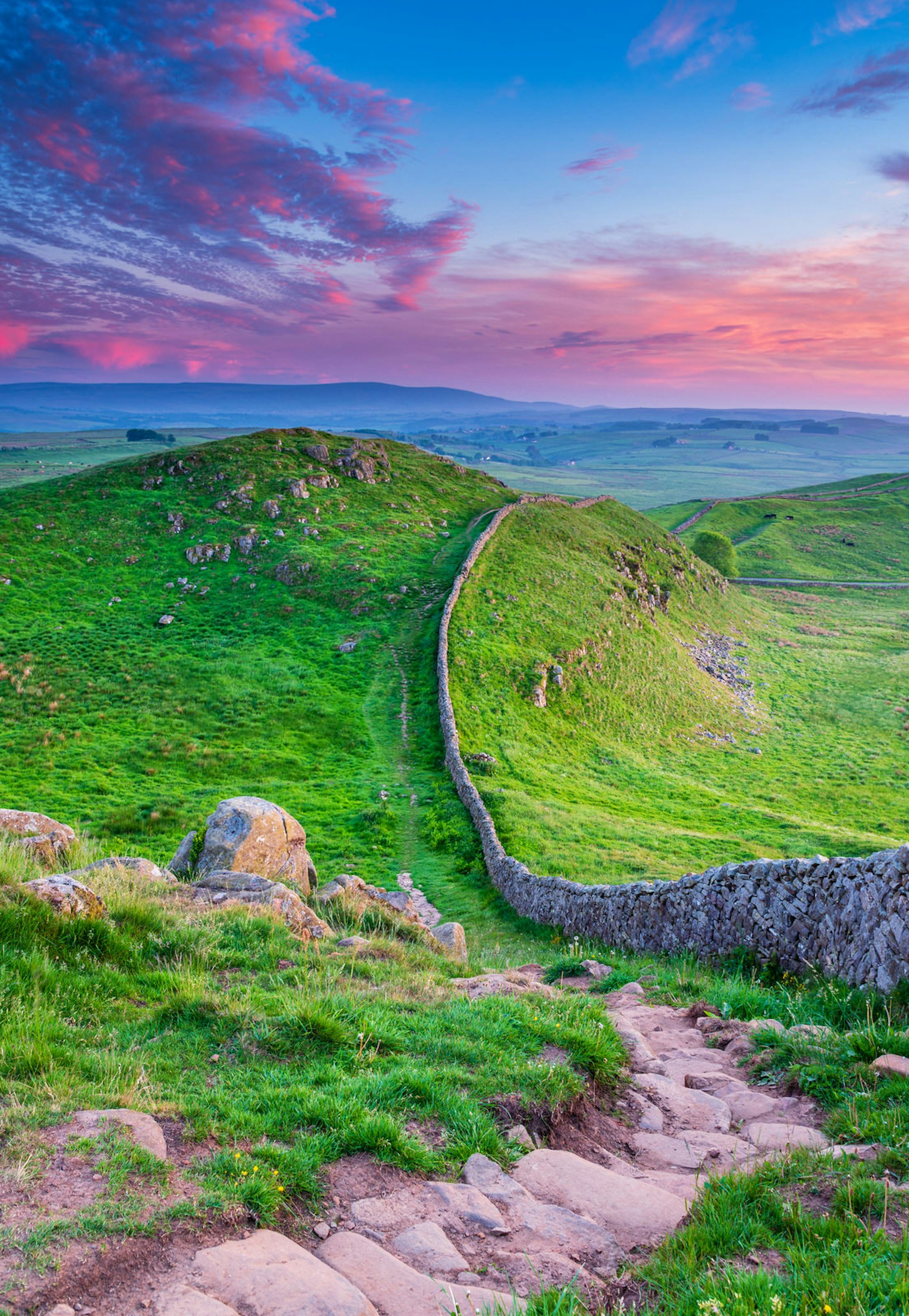 Hadrian's Wall and path at twilight. 