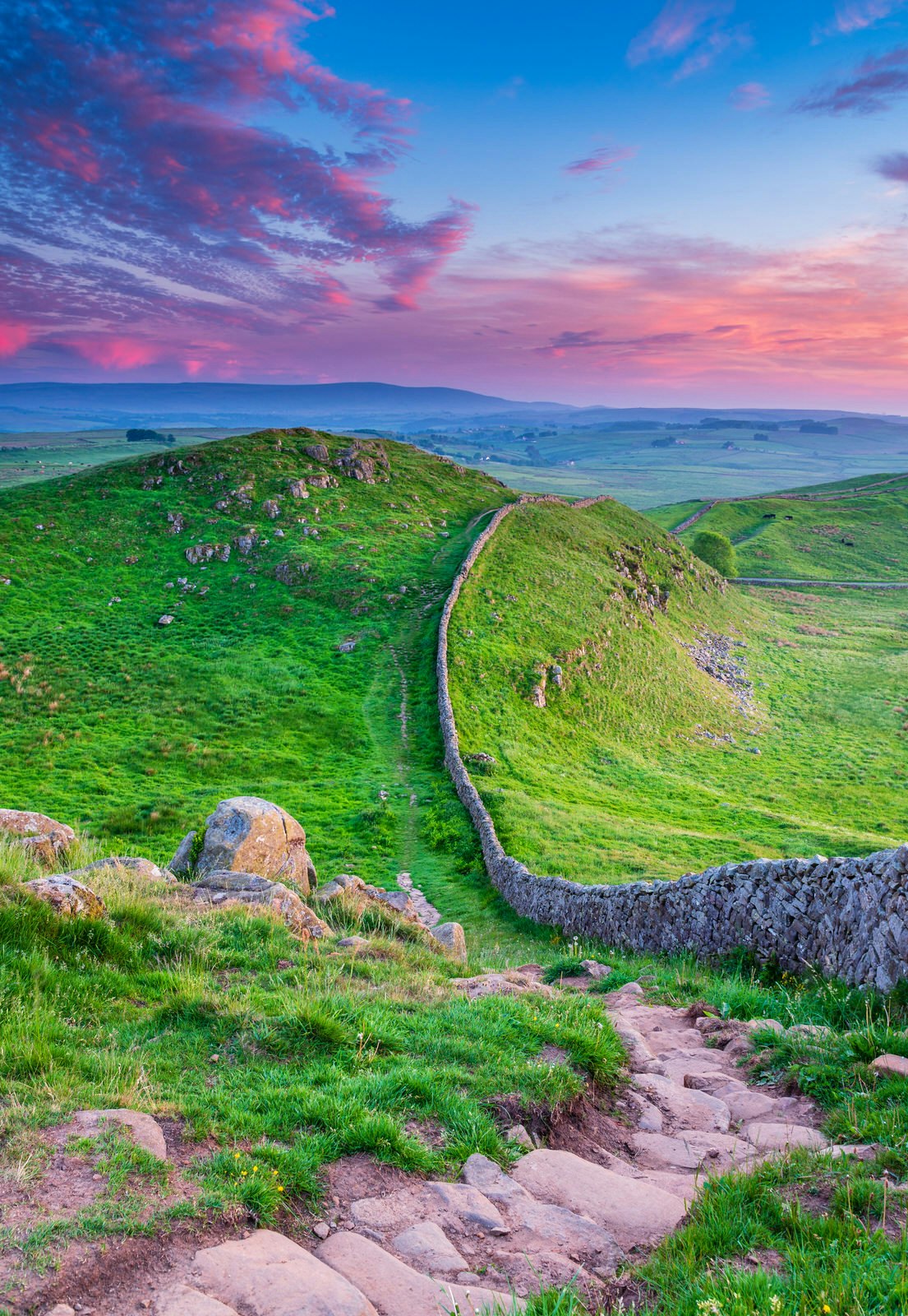 Hadrian's Wall and path at twilight. 
