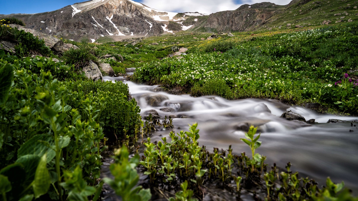 Flowing river with Handies Peak behind, in the vast mountains of the majestic San Juan Mountain Range near Lake City Colorado. 