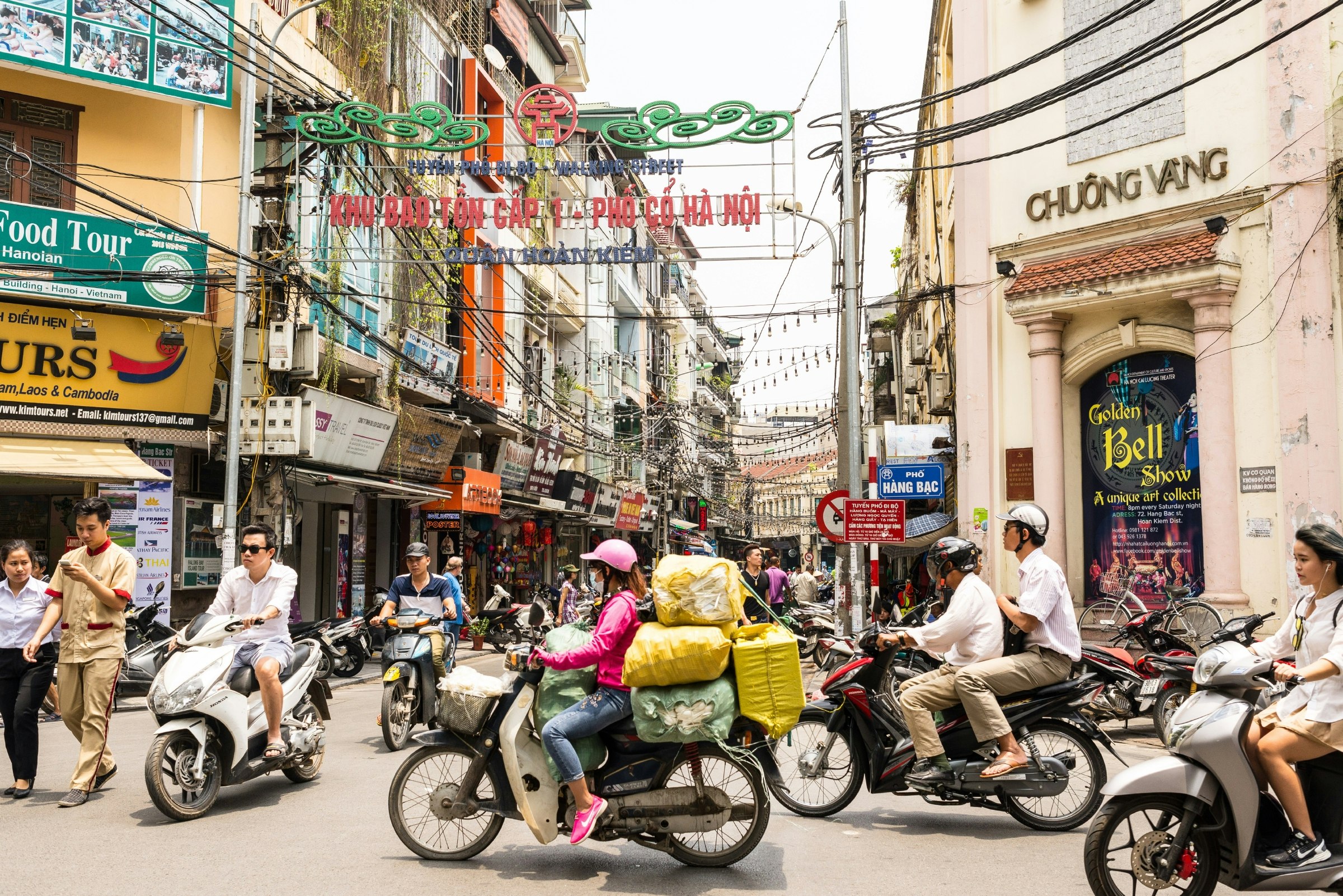 Busy motorbike traffic in the Old Quarter in Hanoi