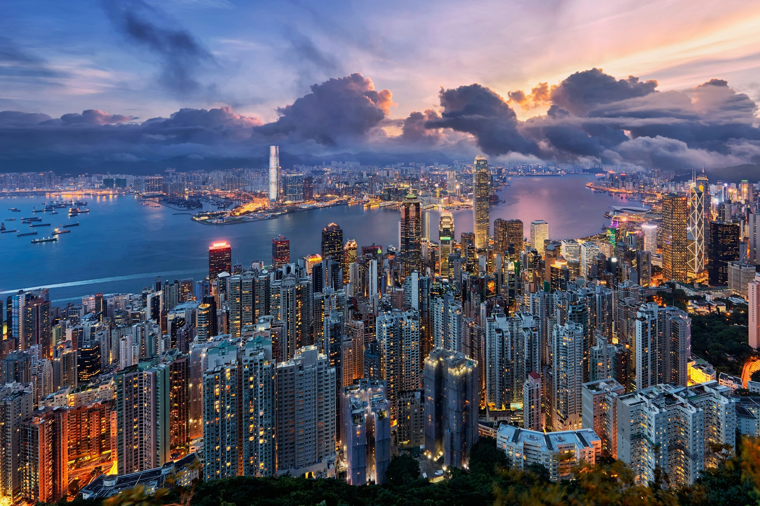 Downtown skyscrapers at sunrise in Hong Kong