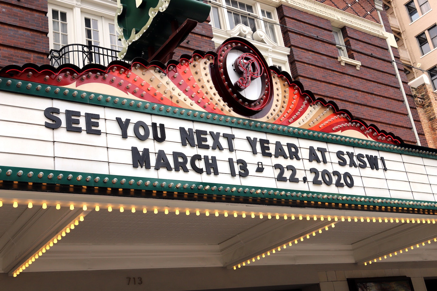 A marquee announcing SXSW 2020 on the Paramount Theatre in Austin Texas