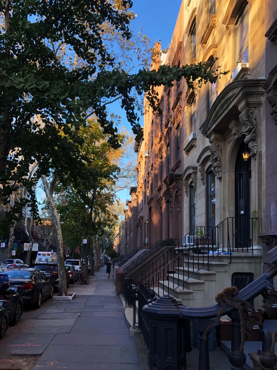 en rad med bruna stenar på Clinton Street i Cobble Hill, Brooklyn